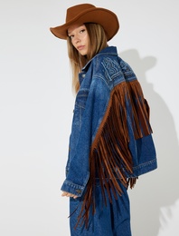 Nakışlı Kot Ceket Süet Görünümlü Püsküllü Cep Detaylı Düğmeli