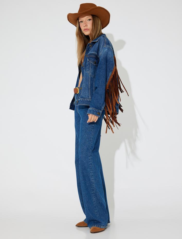  Nakışlı Kot Ceket Süet Görünümlü Püsküllü Cep Detaylı Düğmeli