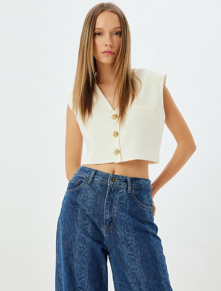  Koton X Zeynep Bastık -  V Yaka Gold Düğmeli Crop Blazer Yelek