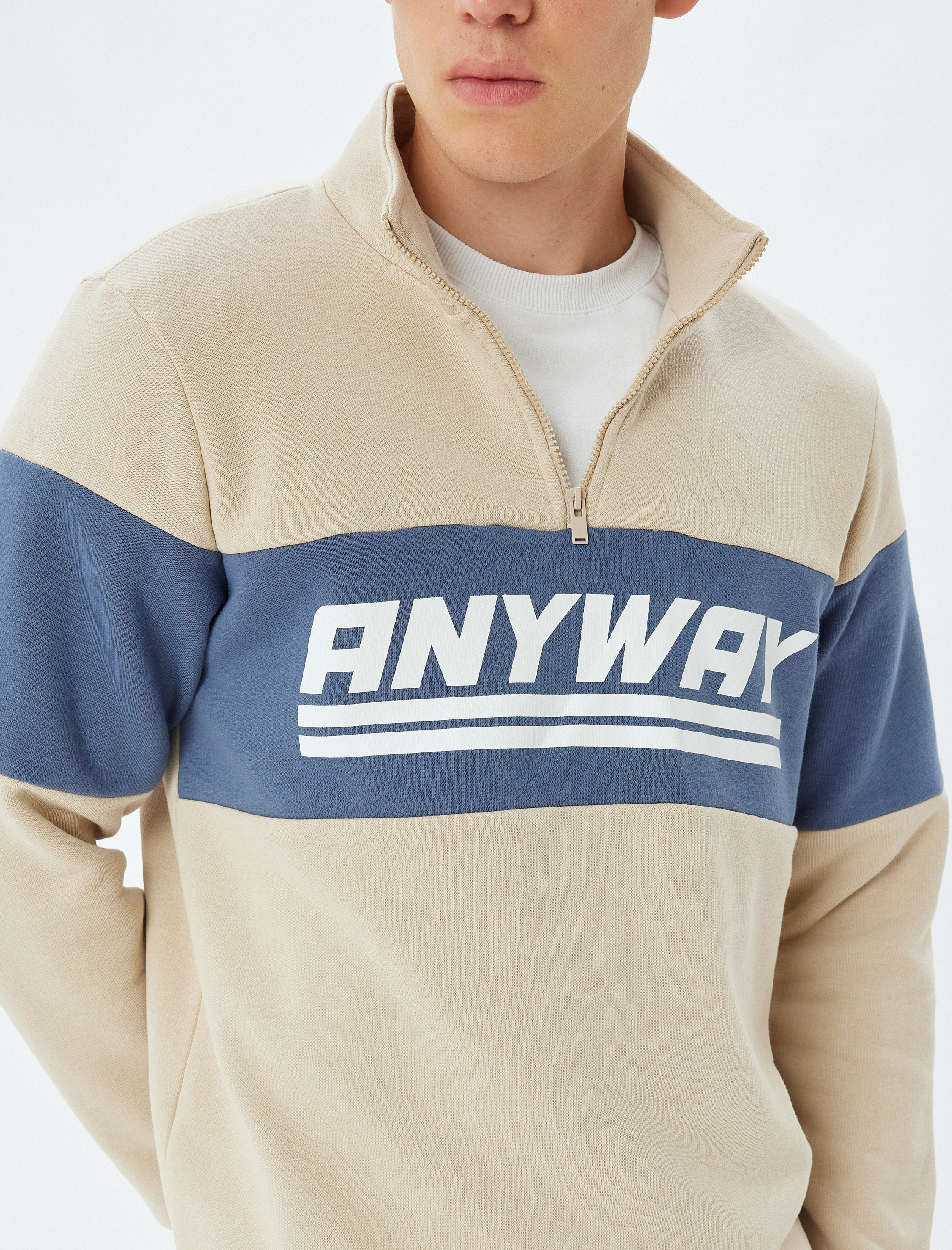 Slogan Baskılı Sweatshirt Yarım Fermuarlı Renk Bloklu Pamuk Karışımlı Şardonlu