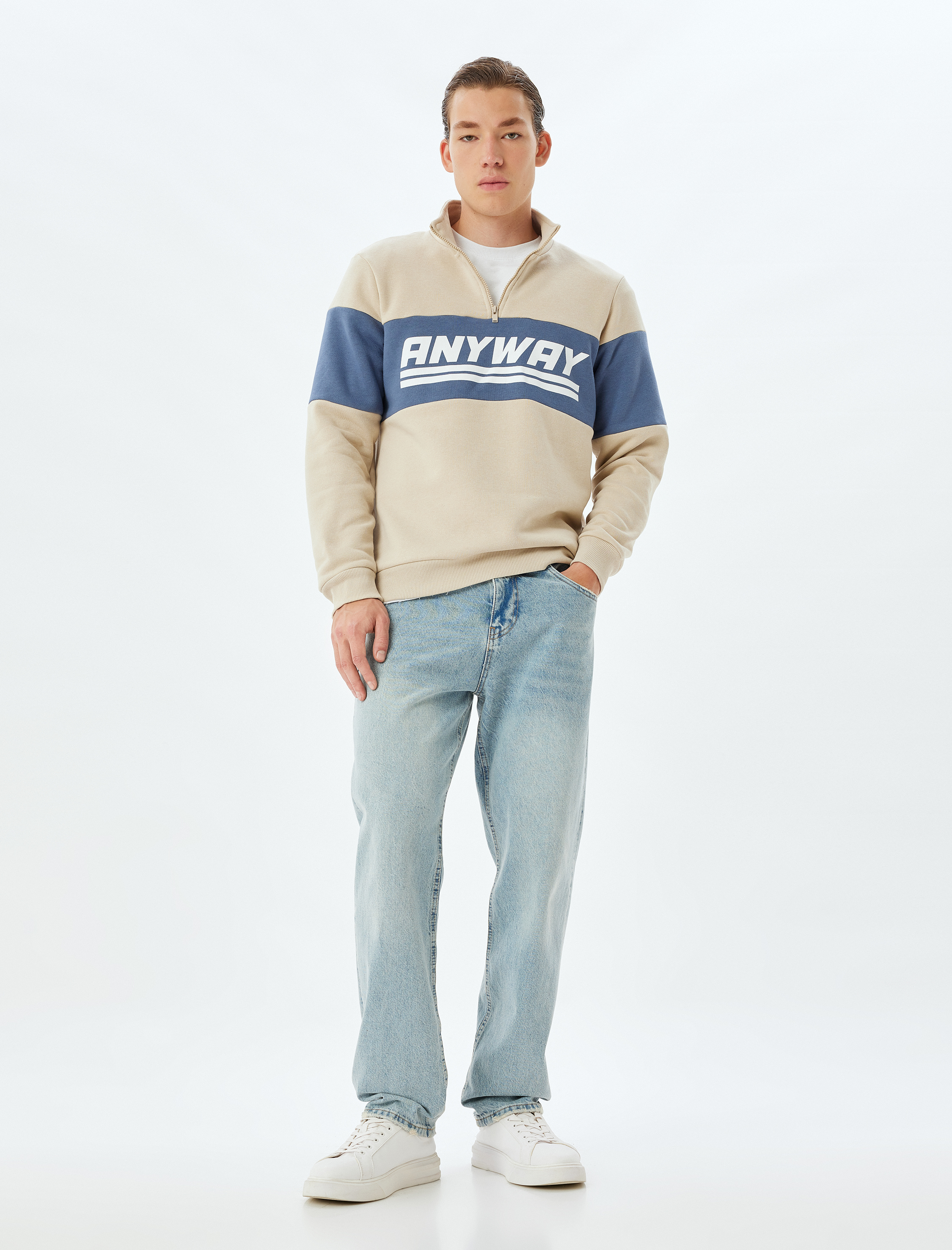 Slogan Baskılı Sweatshirt Yarım Fermuarlı Renk Bloklu Pamuk Karışımlı Şardonlu