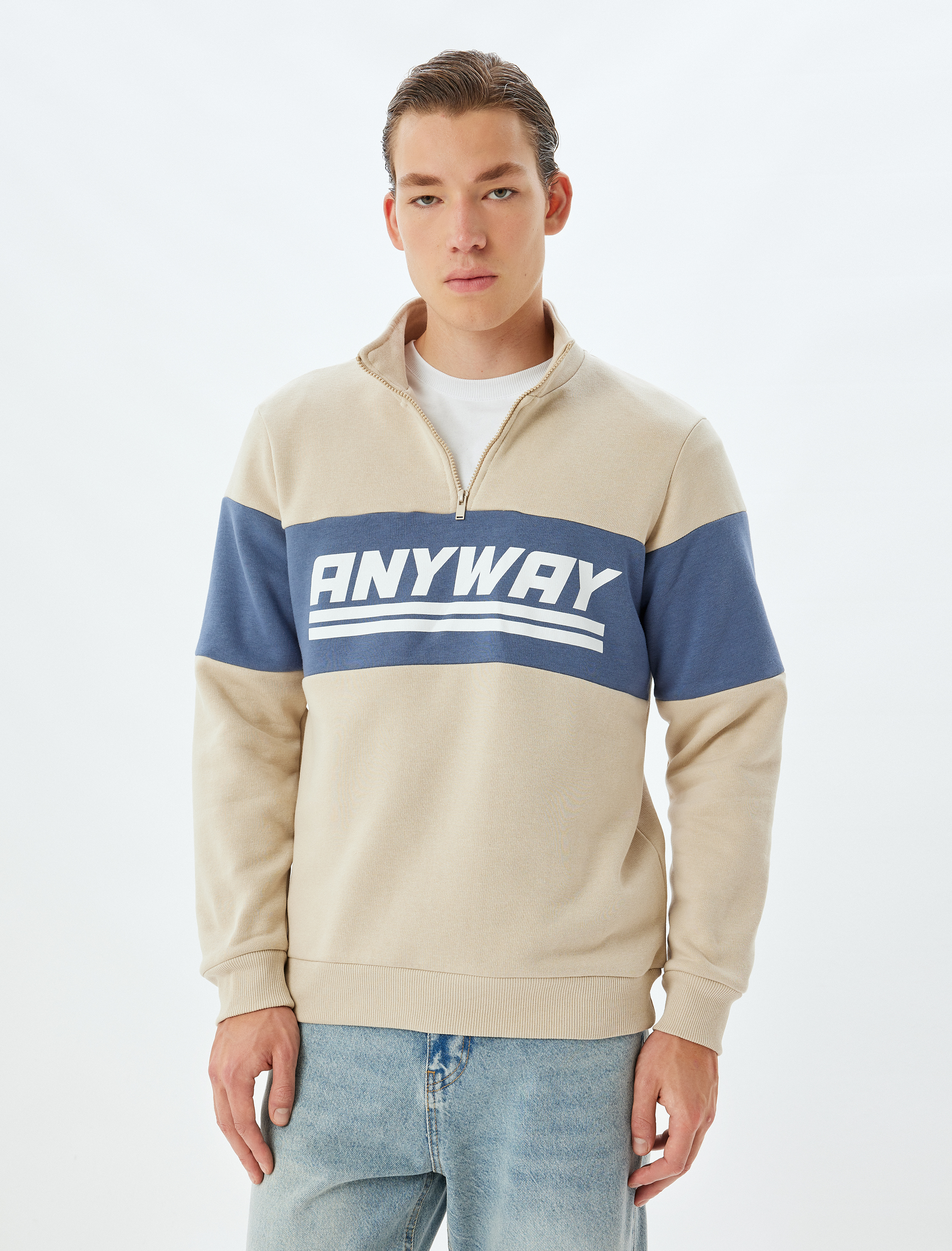 Slogan Baskılı Sweatshirt Yarım Fermuarlı Renk Bloklu Pamuk Karışımlı Şardonlu