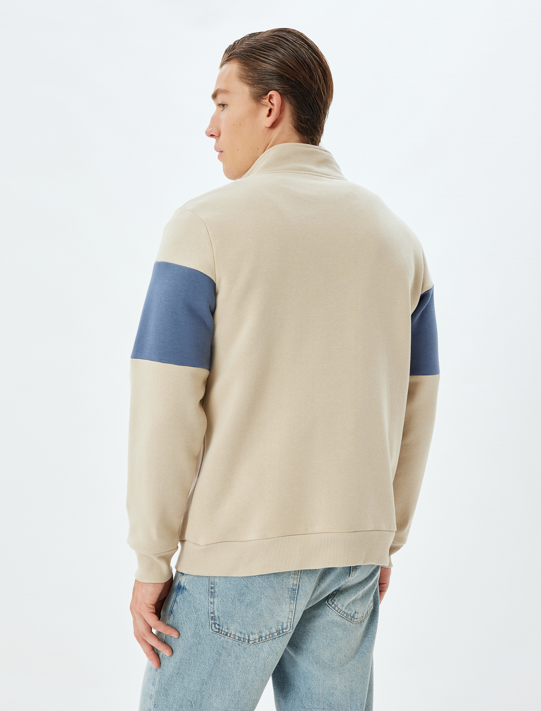 Slogan Baskılı Sweatshirt Yarım Fermuarlı Renk Bloklu Pamuk Karışımlı Şardonlu