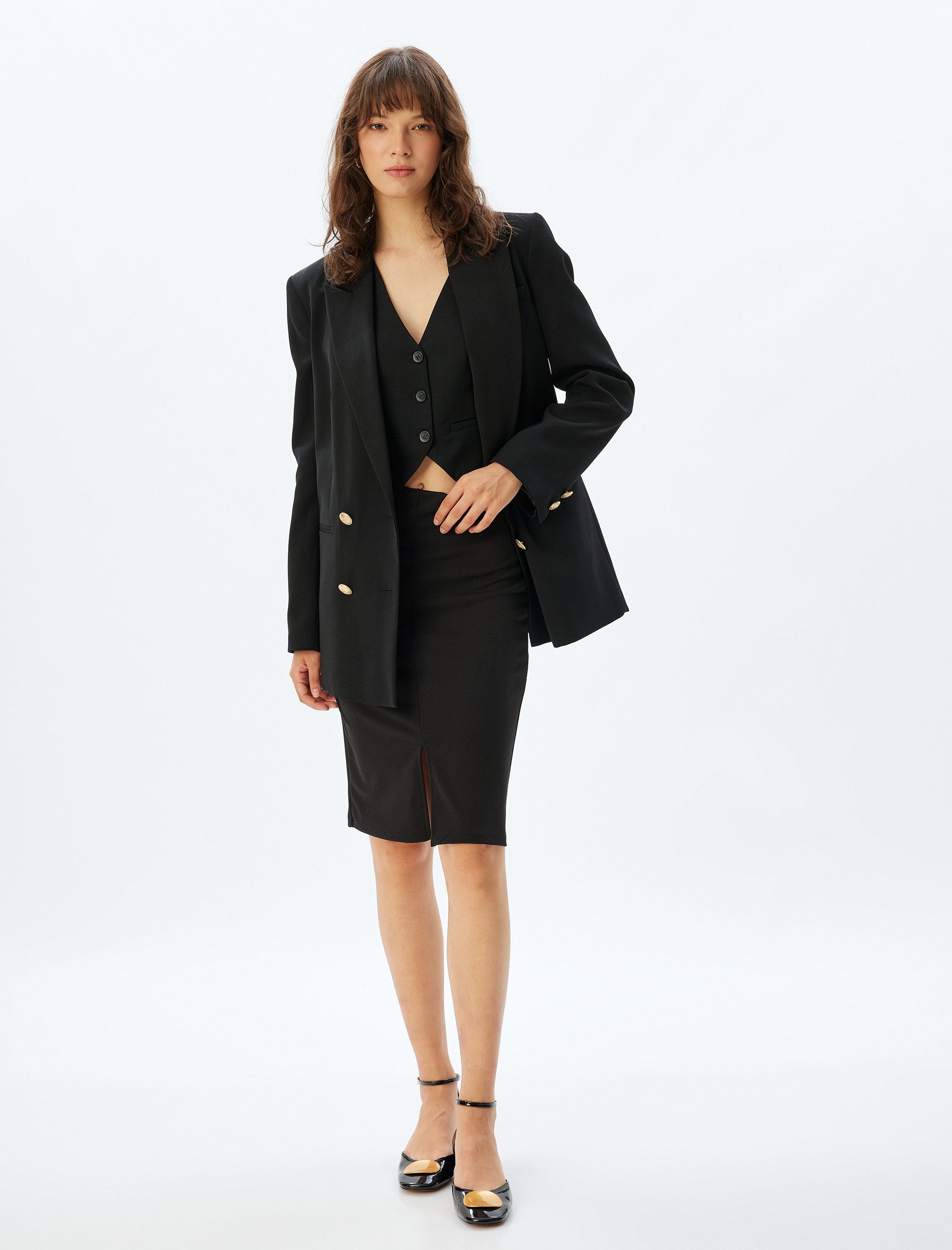 Kalem Etek Midi Boy Önden Yırtmaç Detaylı Slim Fit Krep Scuba Kumaş