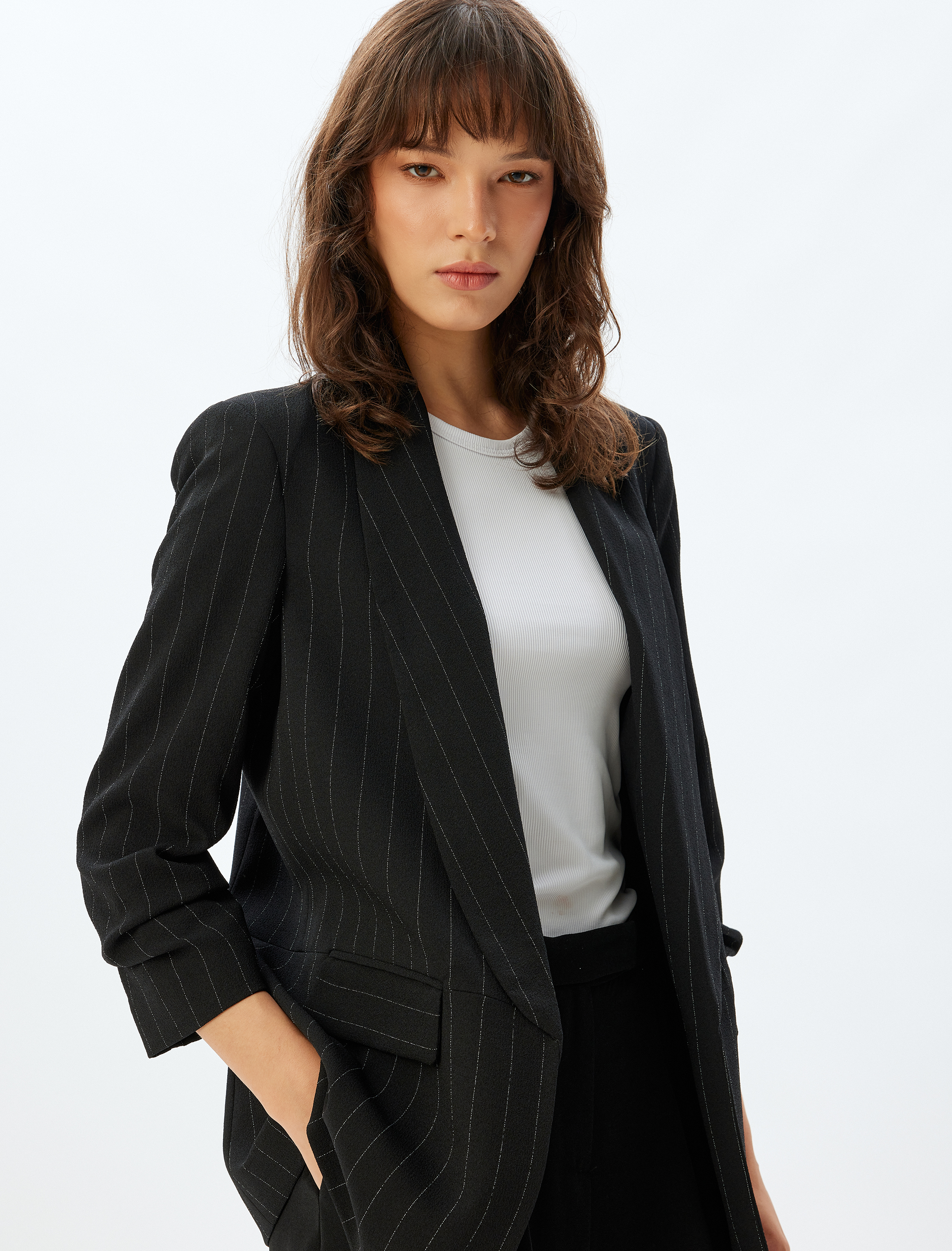   Şal Yaka Blazer Ceket 3/4 Kol Kapaklı Cep Detaylı Krep Kumaş