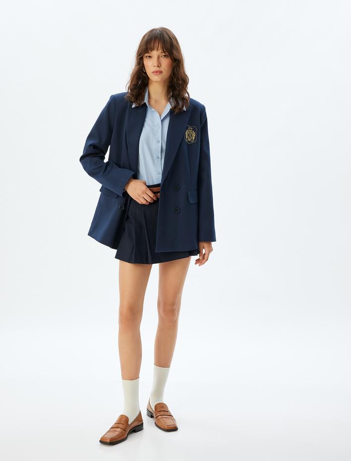  Kruvaze Blazer Ceket Arma İşleme Detaylı Cepli Kalça Boy