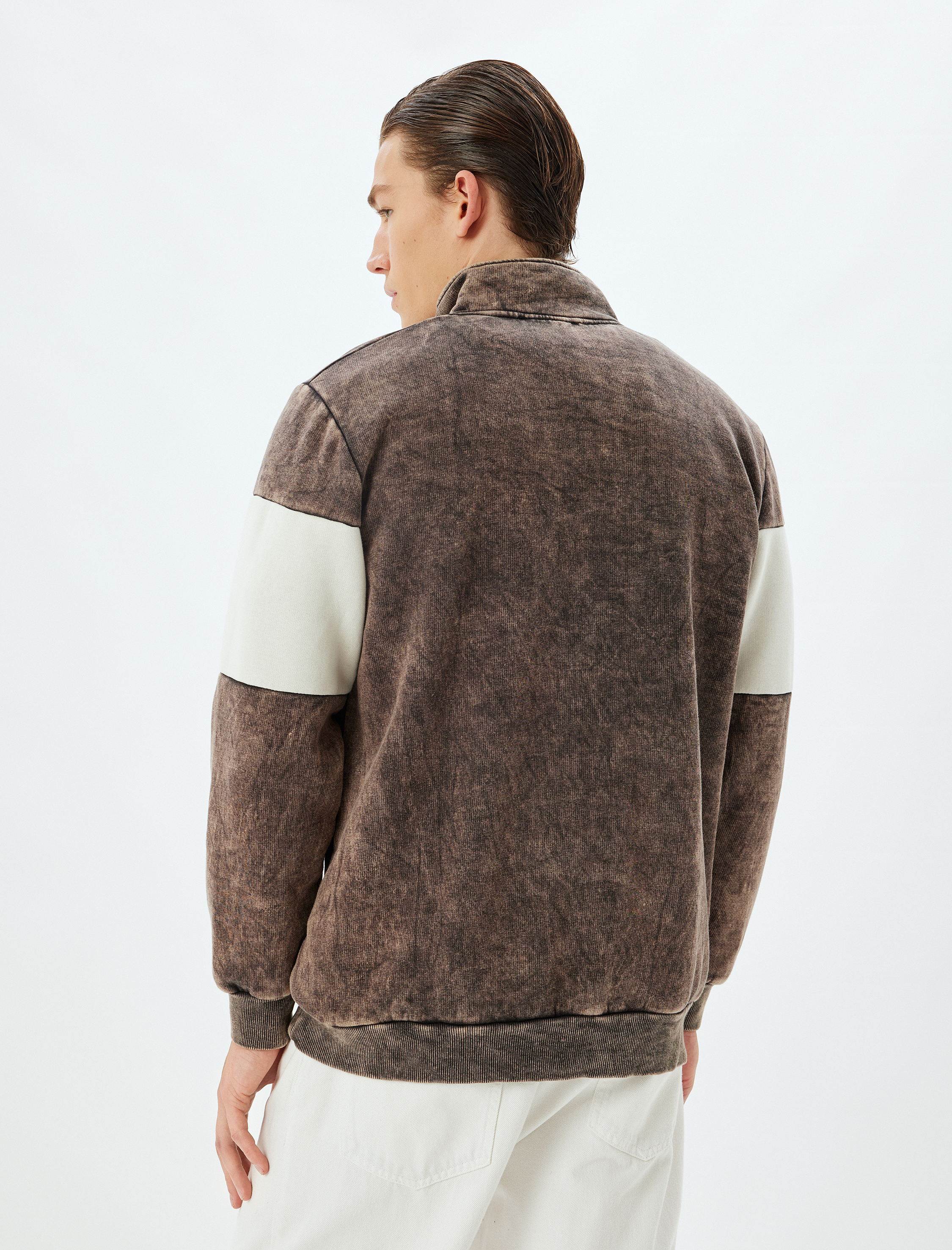 Slogan Baskılı Sweatshirt Yarım Fermuarlı Renk Bloklu Pamuk Karışımlı Şardonlu