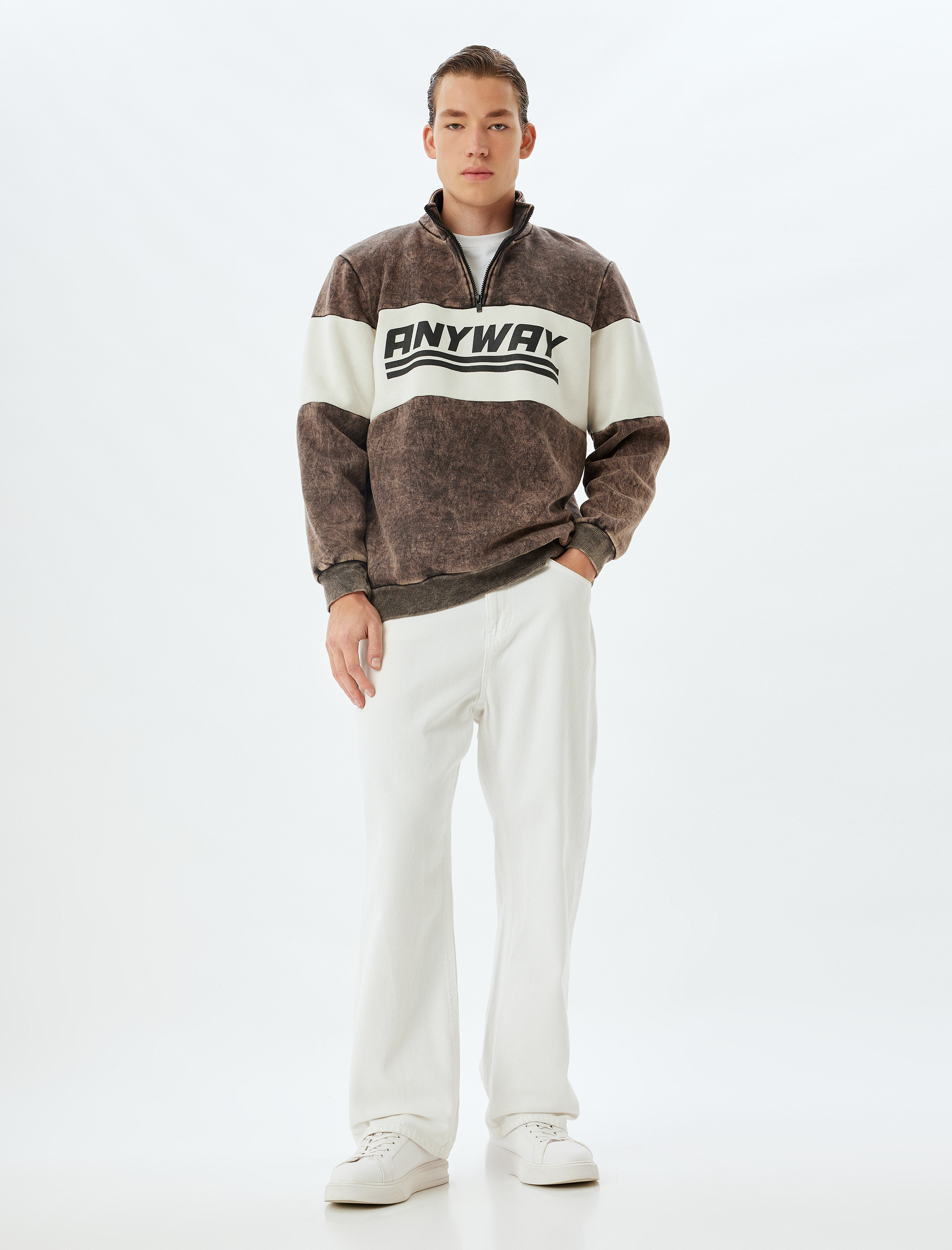 Slogan Baskılı Sweatshirt Yarım Fermuarlı Renk Bloklu Pamuk Karışımlı Şardonlu