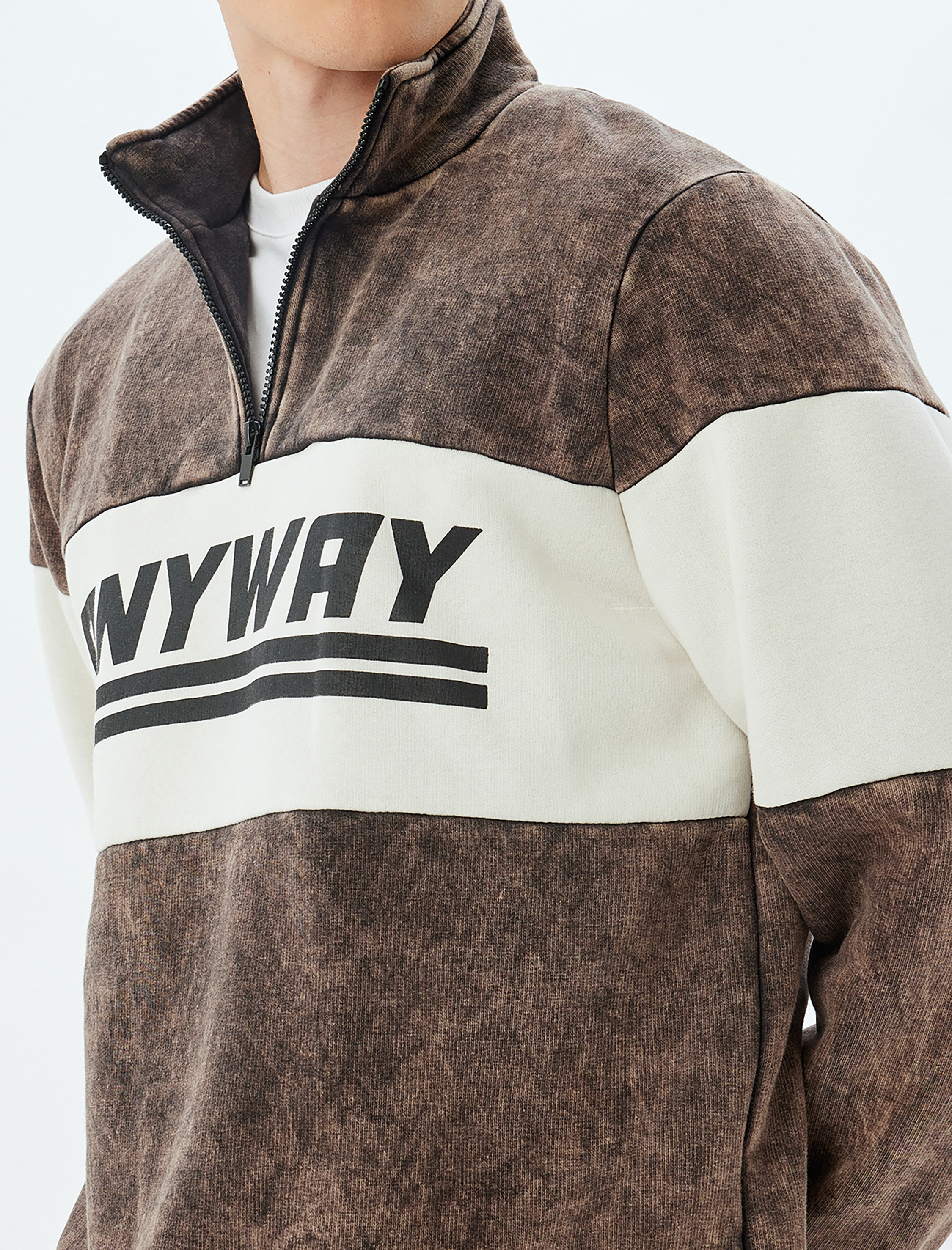 Slogan Baskılı Sweatshirt Yarım Fermuarlı Renk Bloklu Pamuk Karışımlı Şardonlu