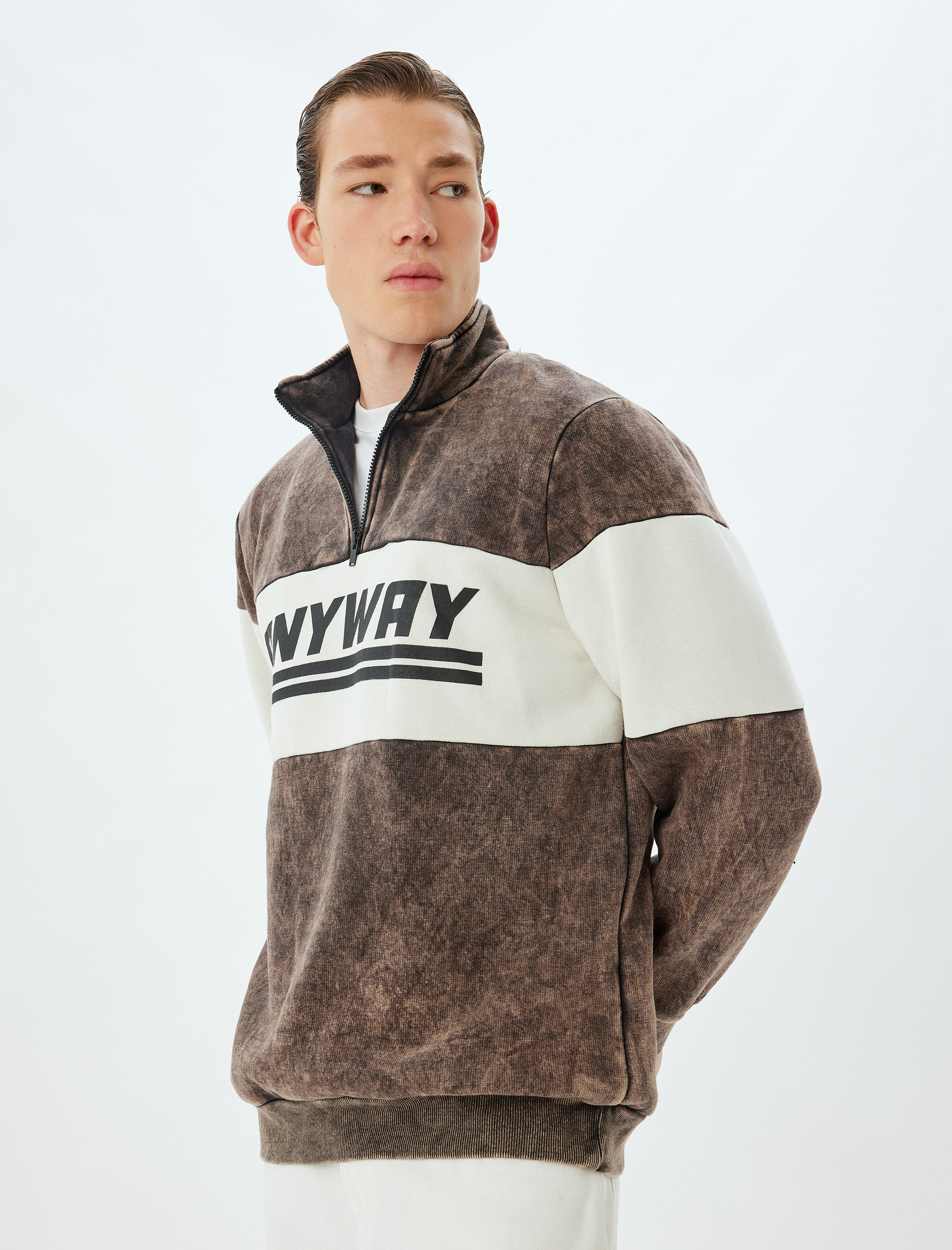 Slogan Baskılı Sweatshirt Yarım Fermuarlı Renk Bloklu Pamuk Karışımlı Şardonlu