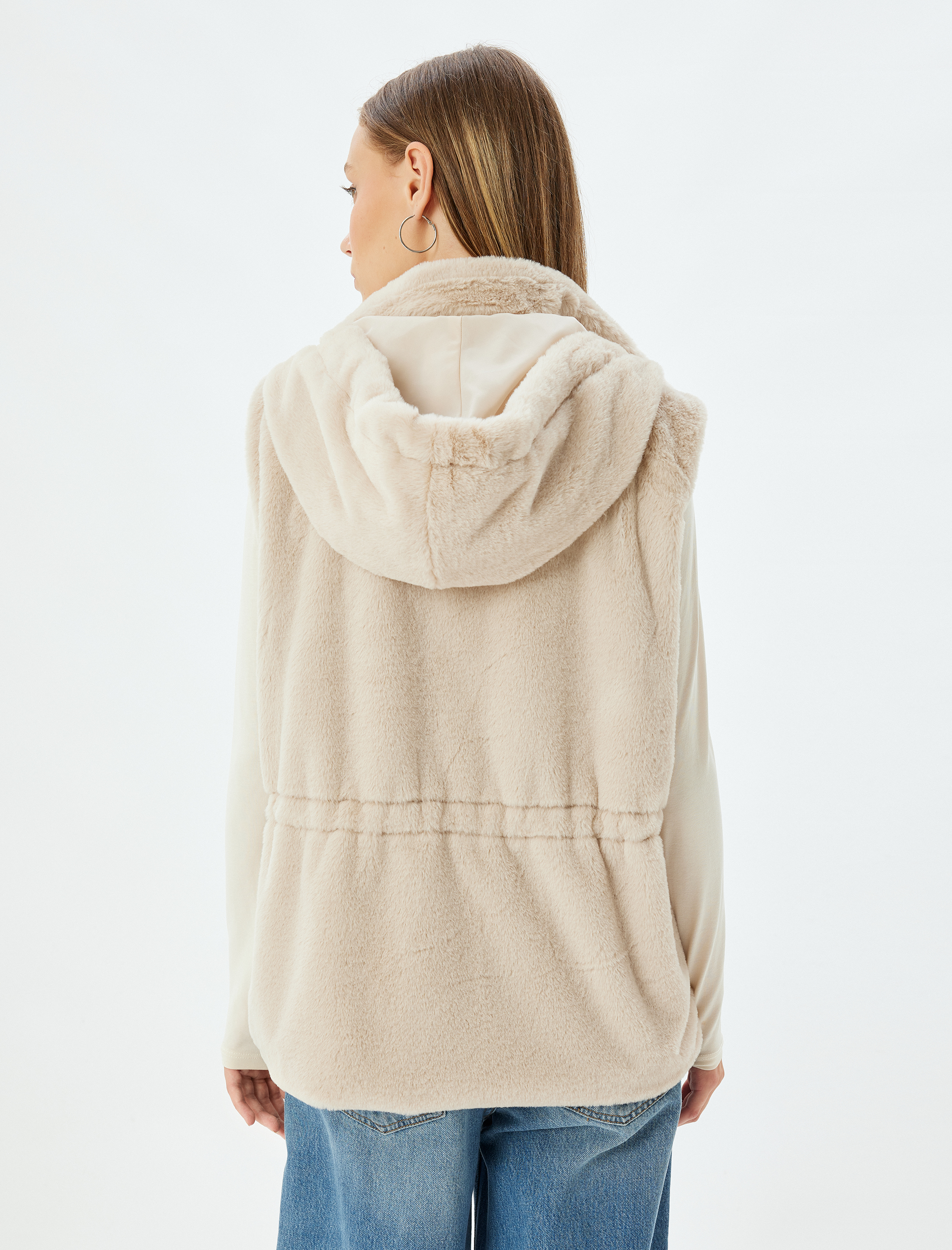   Kapüşonlu Çıtçıt Düğmeli Suni Kürk Yelek