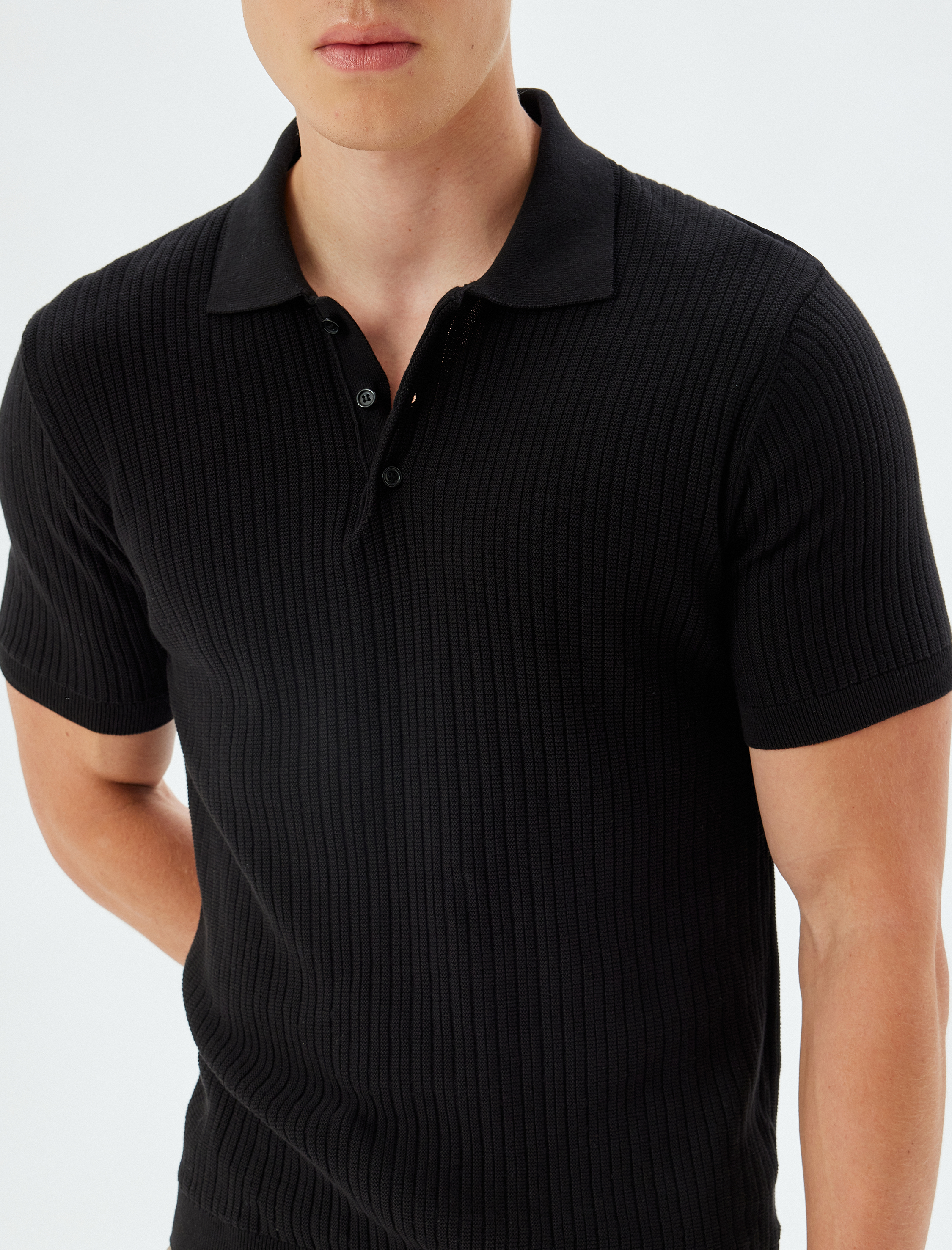 Triko Tişört Polo Yaka Basic Kısa Kollu Dokulu Pamuklu