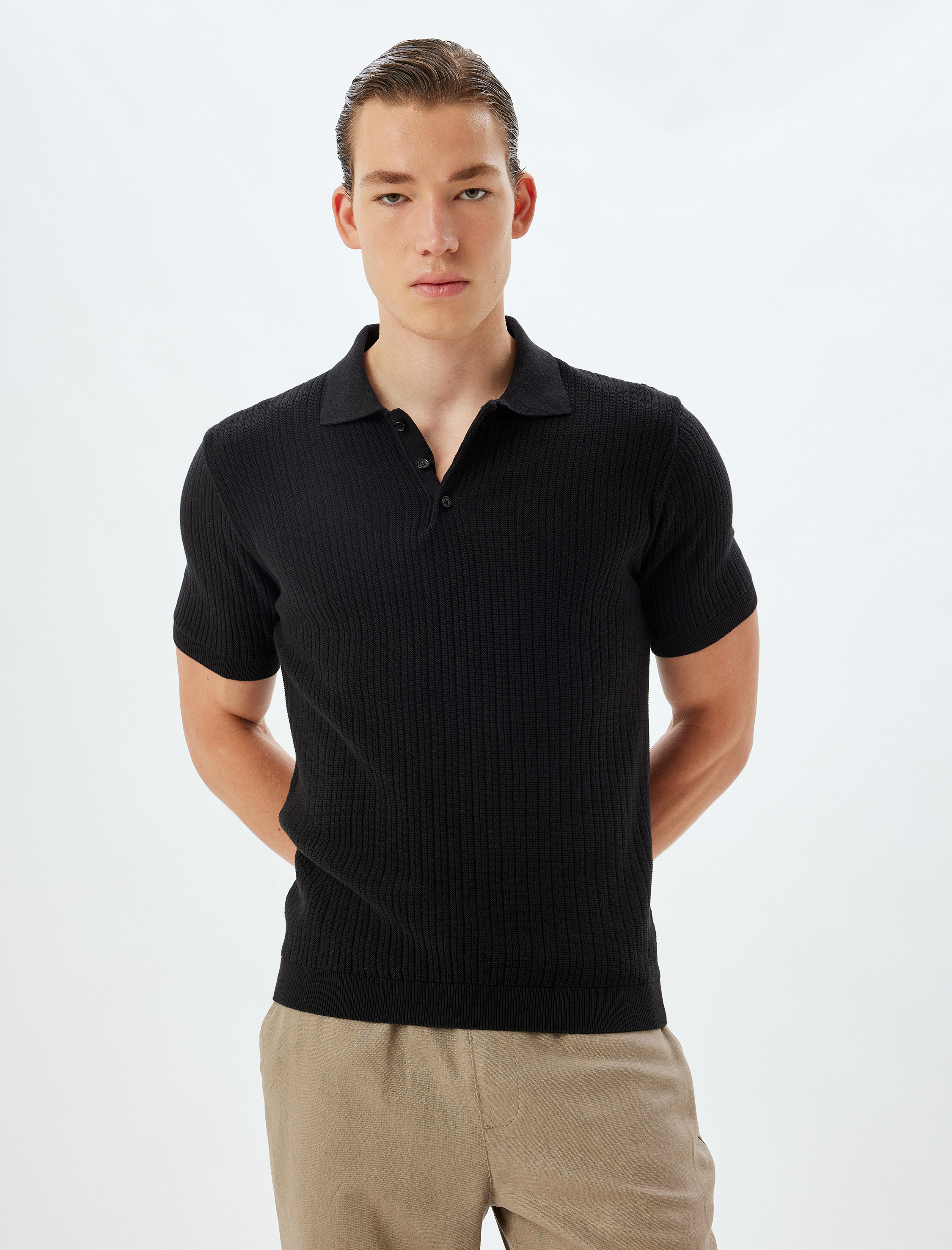 Triko Tişört Polo Yaka Basic Kısa Kollu Dokulu Pamuklu