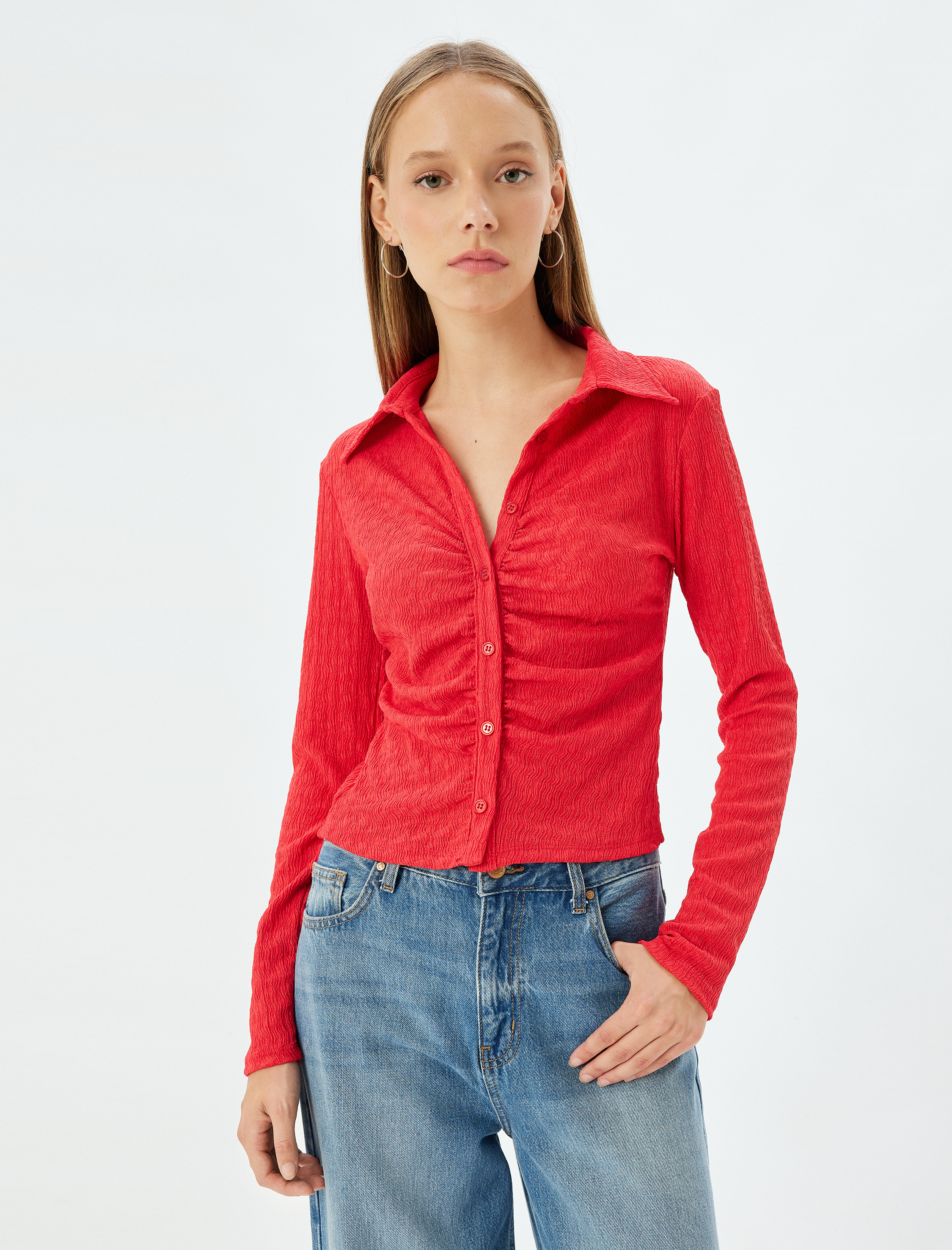   Dokulu Uzun Kollu Gömlek Yaka Düğmeli Slim Fit Tişört Bürümcük