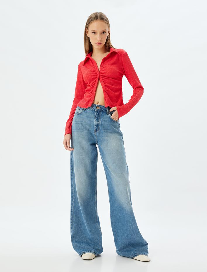  Dokulu Uzun Kollu Gömlek Yaka Düğmeli Slim Fit Tişört Bürümcük