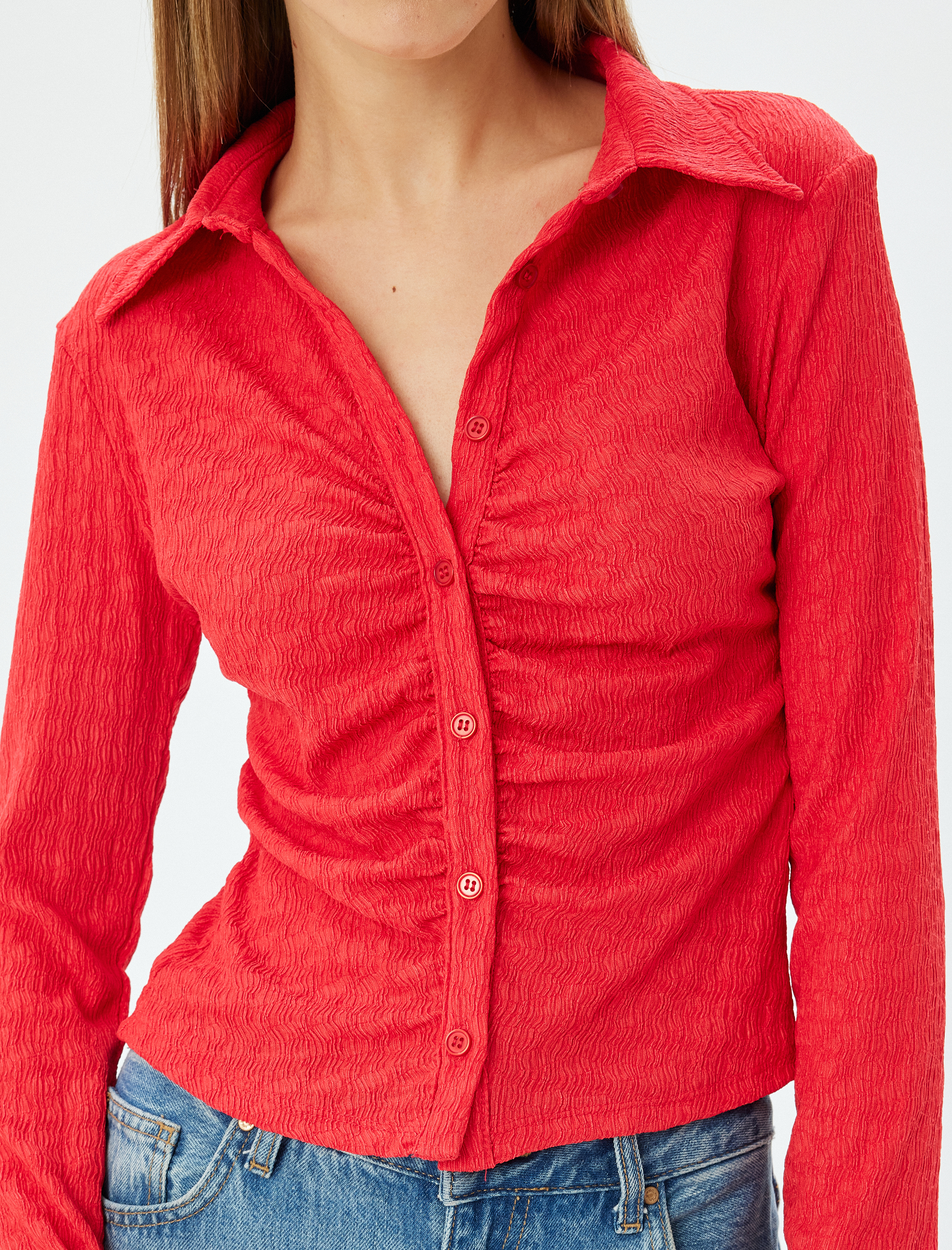   Dokulu Uzun Kollu Gömlek Yaka Düğmeli Slim Fit Tişört Bürümcük