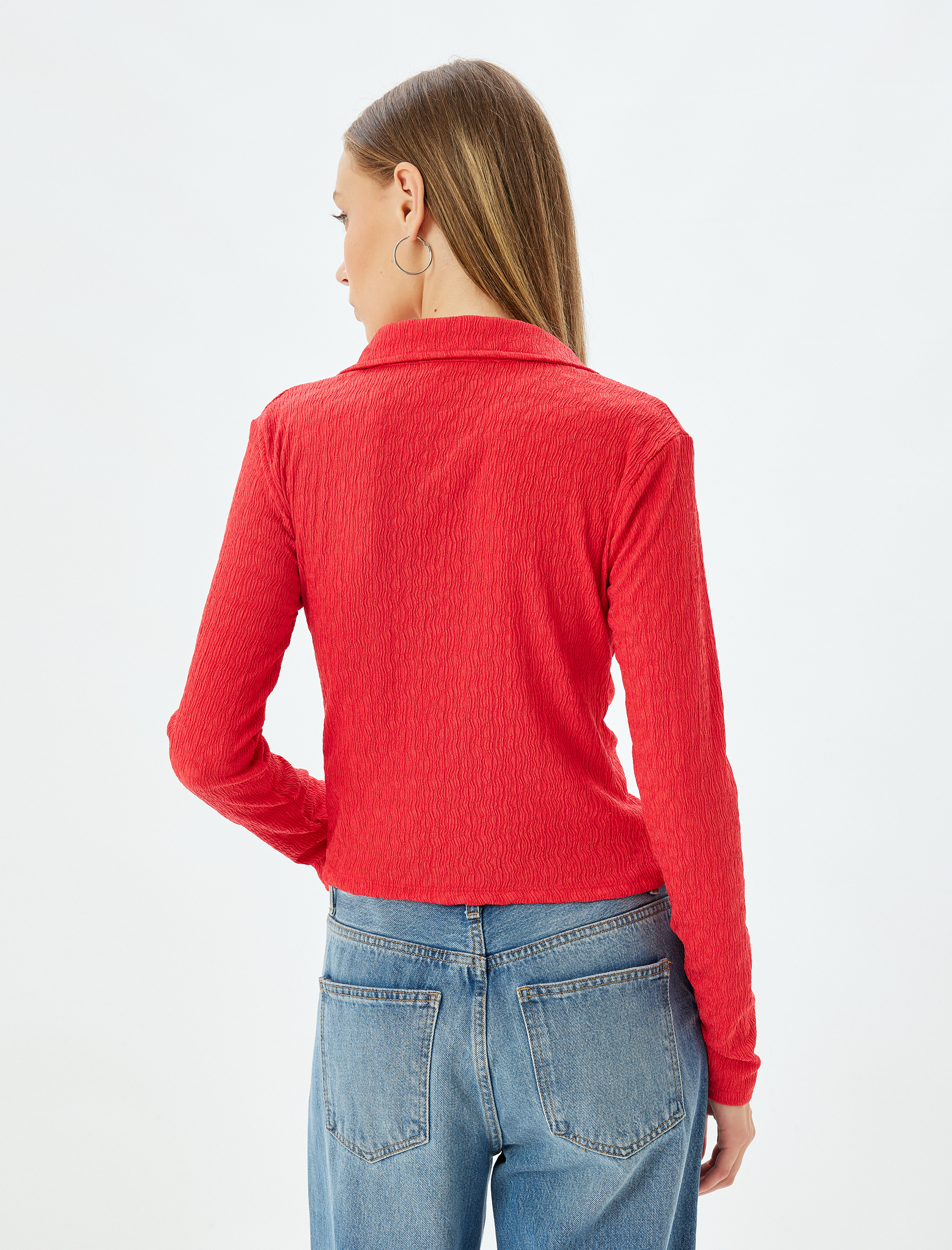   Dokulu Uzun Kollu Gömlek Yaka Düğmeli Slim Fit Tişört Bürümcük