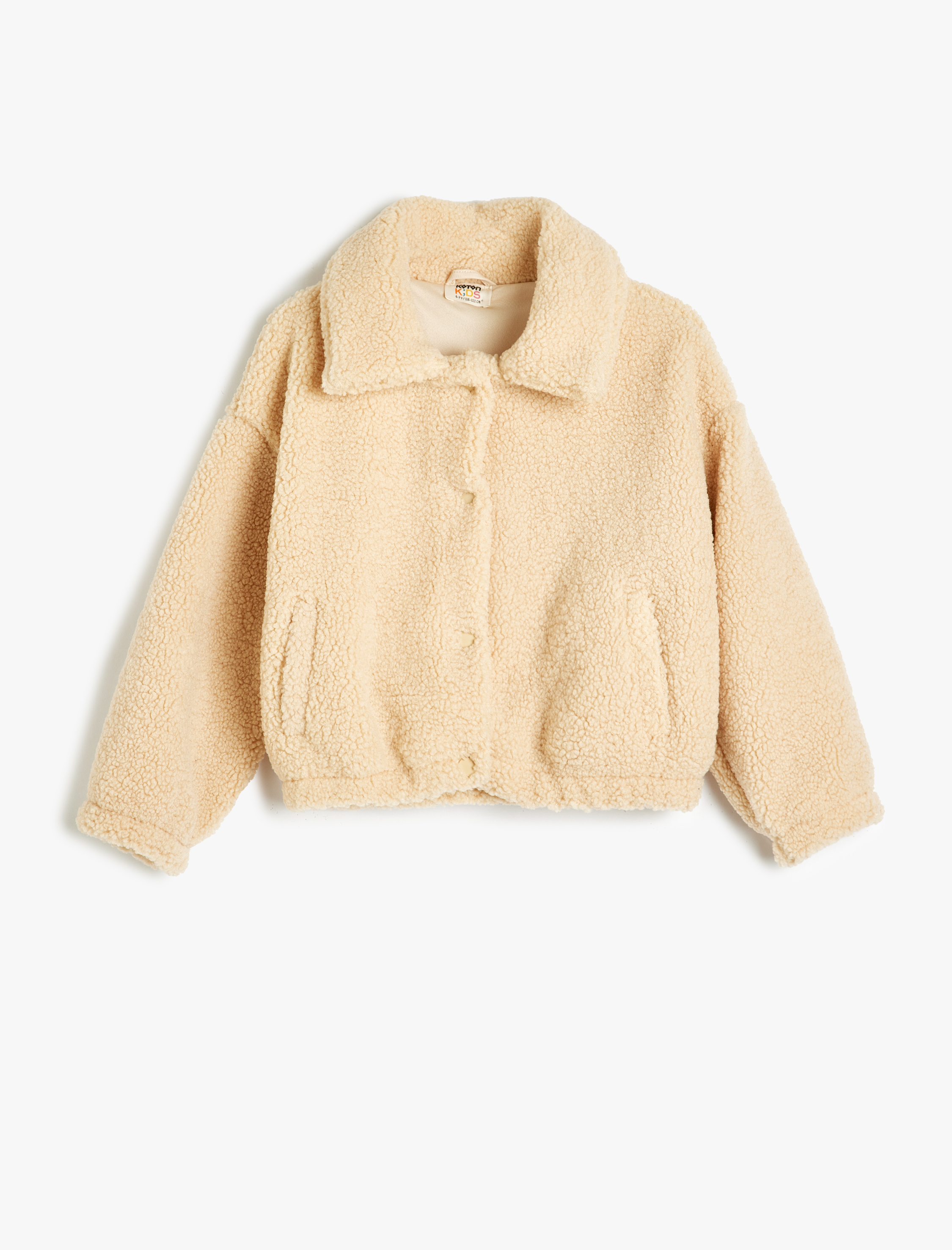  Kız Çocuk Peluş Biker Ceket Gömlek Yaka Cep Detaylı Düğmeli