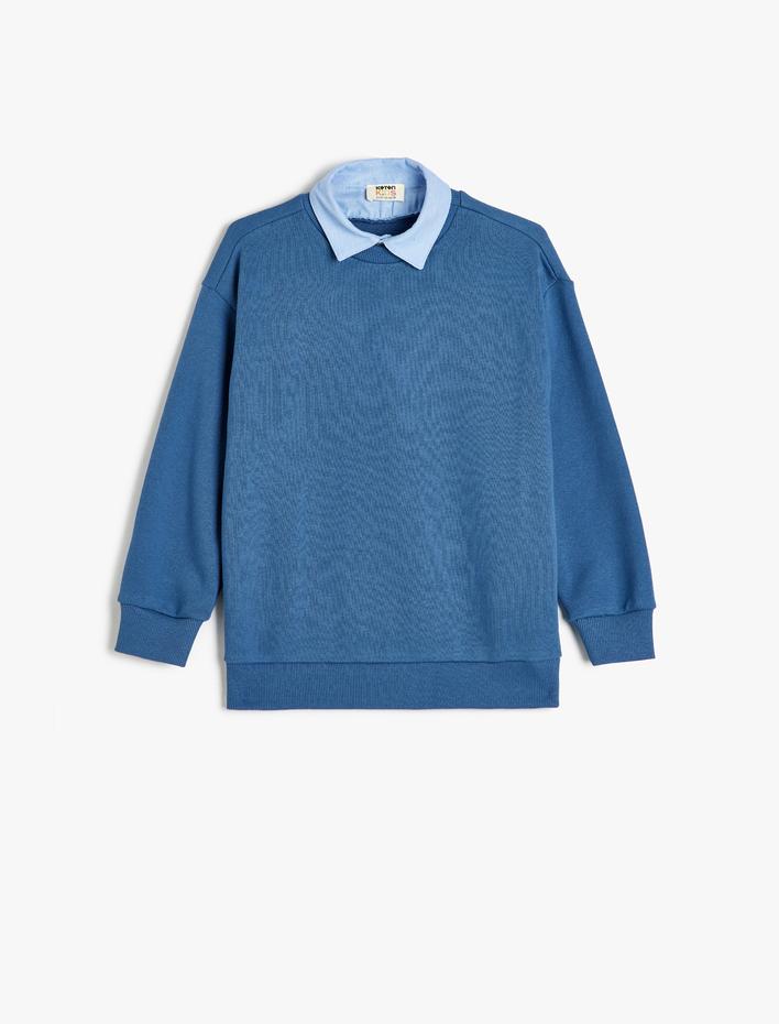 Erkek Çocuk Okul Gömleği Yaka Detaylı Uzun Kollu Pamuklu Basic Okul Sweatshirt