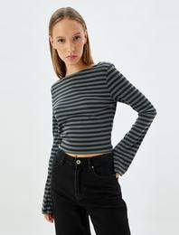 Crop Tişört Uzun Kollu Kayık Yaka Slim Fit