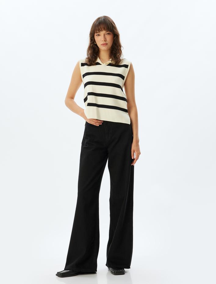  Geniş Paça Kot Pantolon Yüksek Bel Düğmeli Cepli Pamuklu - Wide Leg Jeans