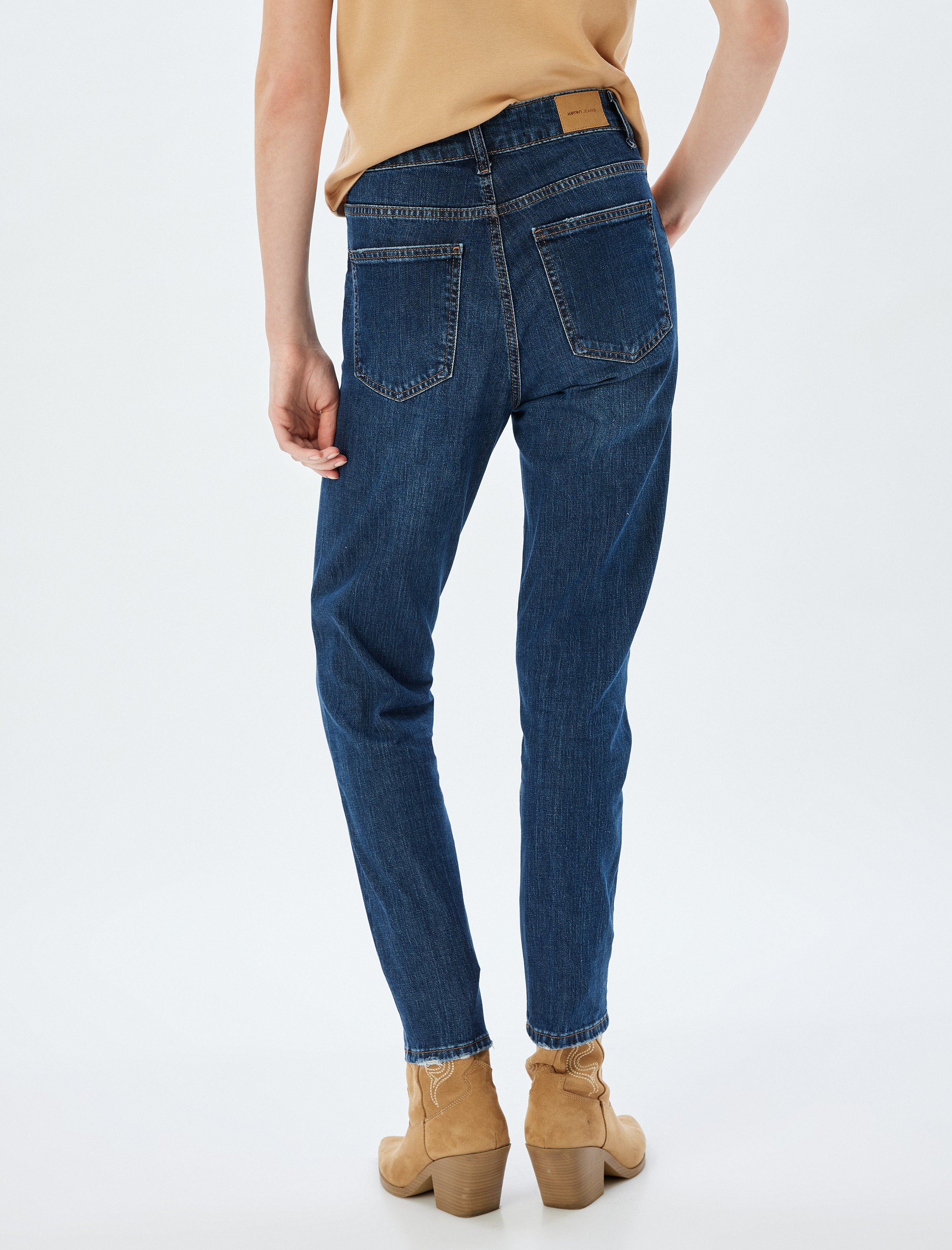   Yüksek Bel Kot Pantolon Düz Paça Düğmeli Cepli Pamuklu - Slim Straight Fit Jeans