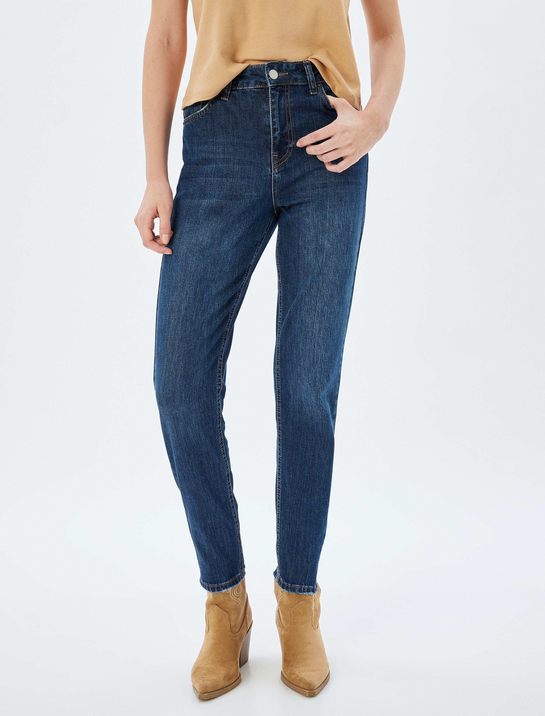   Yüksek Bel Kot Pantolon Düz Paça Düğmeli Cepli Pamuklu - Slim Straight Fit Jeans