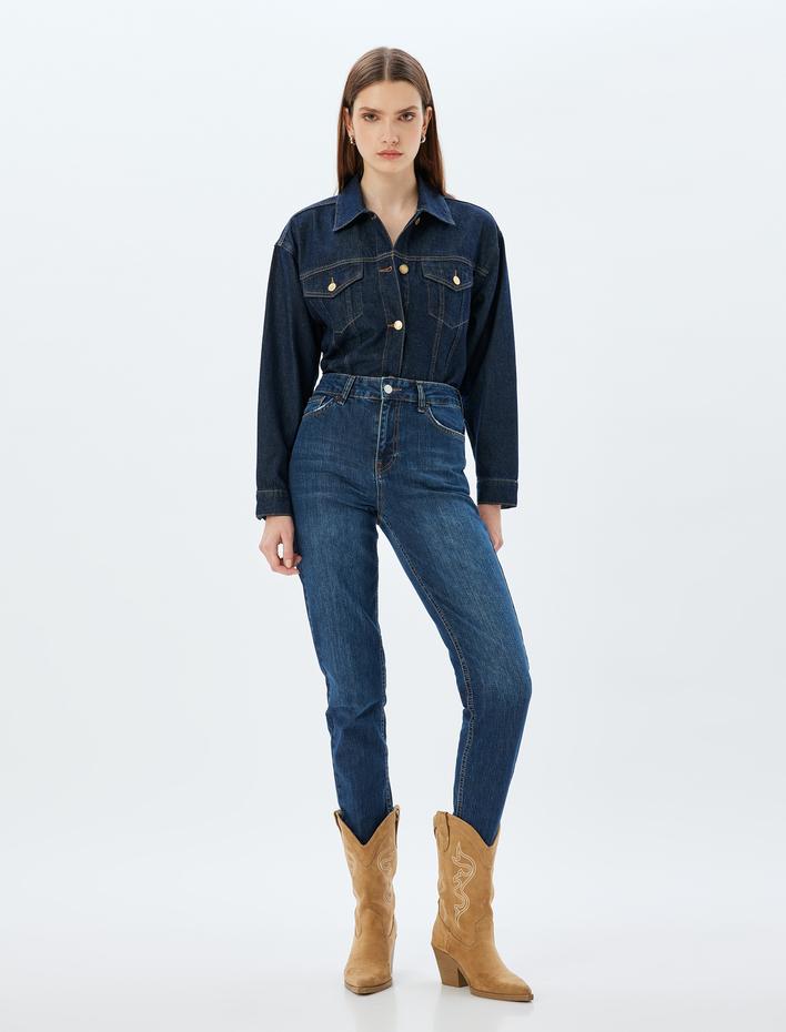  Yüksek Bel Kot Pantolon Düz Paça Düğmeli Cepli Pamuklu - Slim Straight Fit Jeans