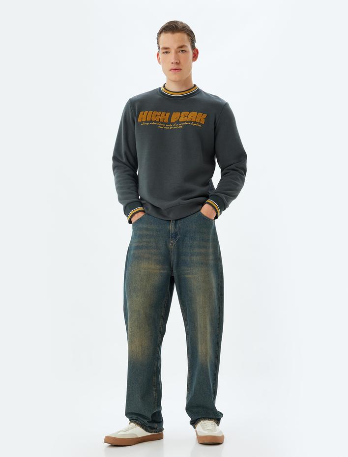  Bisiklet Yaka Sweatshirt Kolej Nakışlı Şardonlu Pamuk Karışımlı