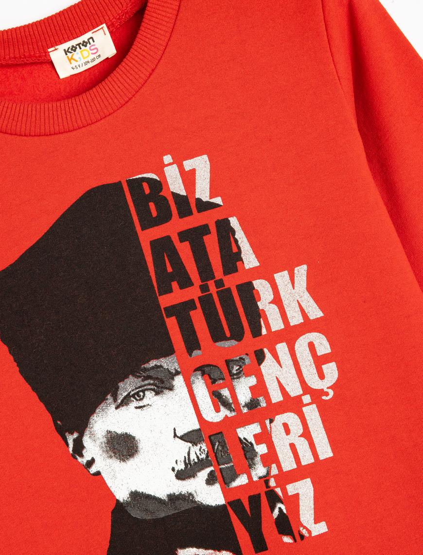  Erkek Çocuk Atatürk Sweatshirt Baskılı Uzun Kollu Bisiklet Yaka Şardonlu