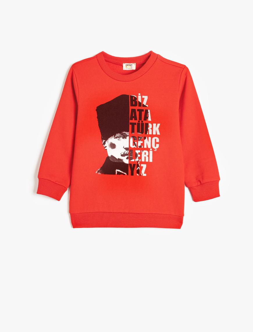  Erkek Çocuk Atatürk Sweatshirt Baskılı Uzun Kollu Bisiklet Yaka Şardonlu