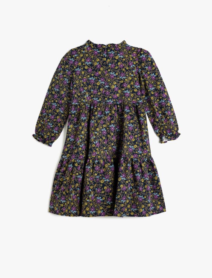 Kız Çocuk Çiçekli Elbise Fırfırlı Dik Yaka Uzun Kollu