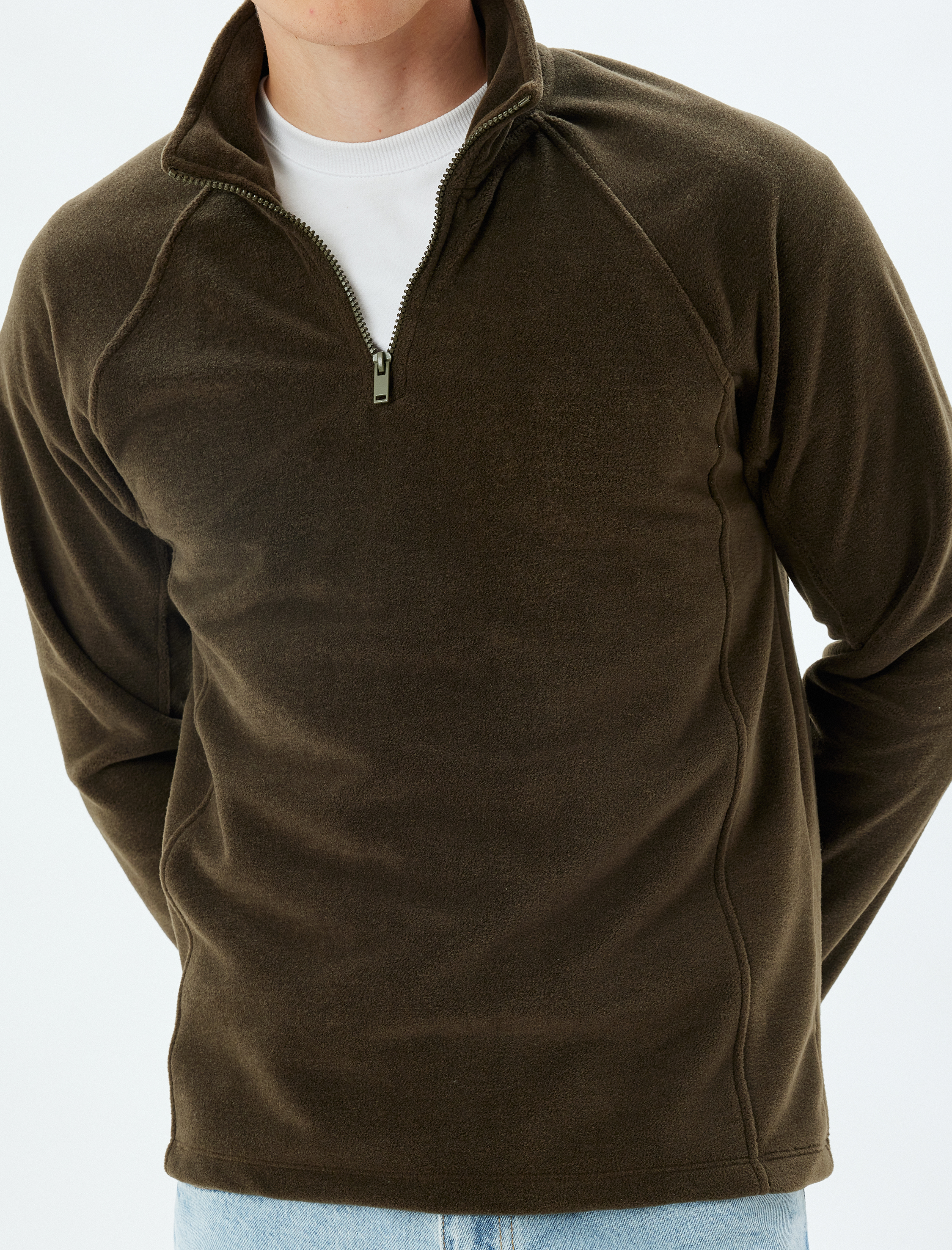   Yarım Fermuarlı Polar Sweatshirt Basic Uzun Kollu