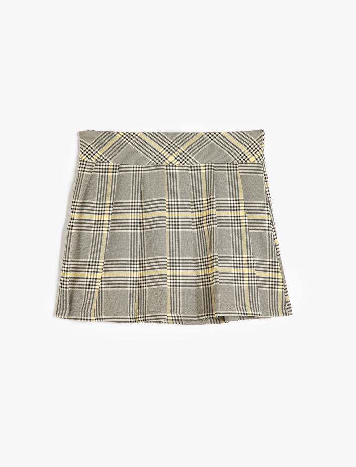 Kız Çocuk Viskon Karışımlı Kemer Detaylı Ekose Pileli Etek