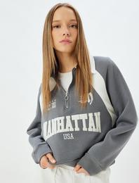 Yarım Fermuarlı Sweatshirt Kolej İşlemeli Dik Yaka Şardonlu