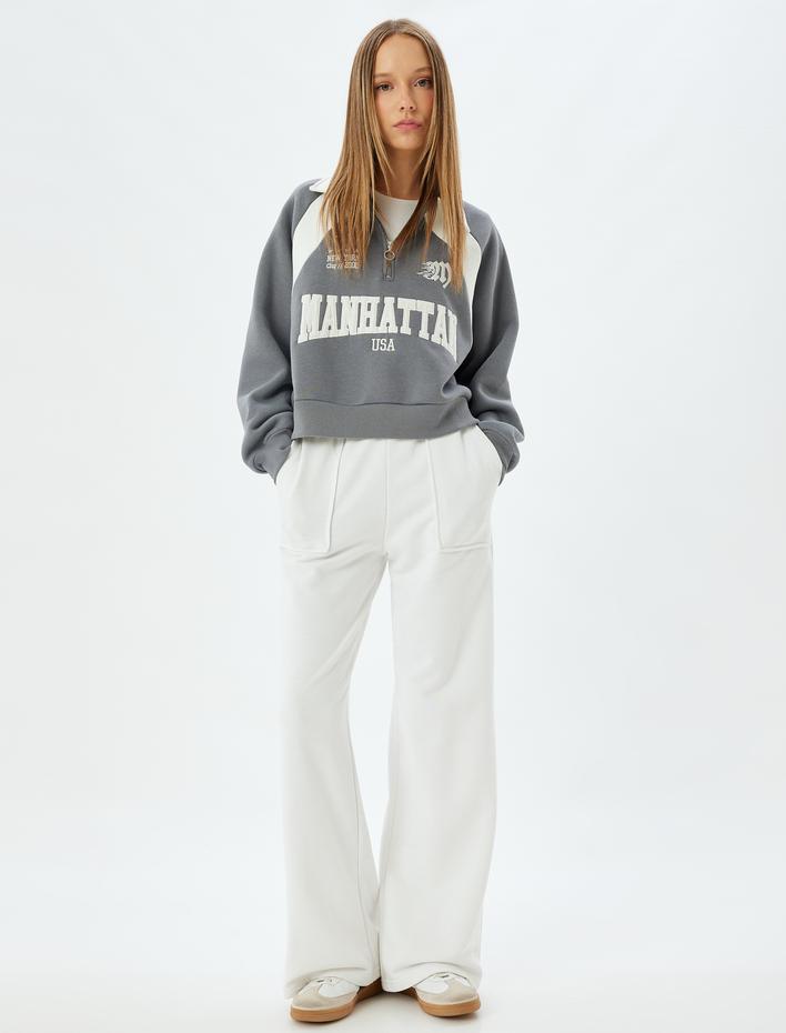  Yarım Fermuarlı Sweatshirt Kolej İşlemeli Dik Yaka Şardonlu