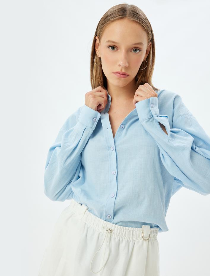  Oversize Gömlek Uzun Kollu Dokulu Klasik Yaka Düğmeli