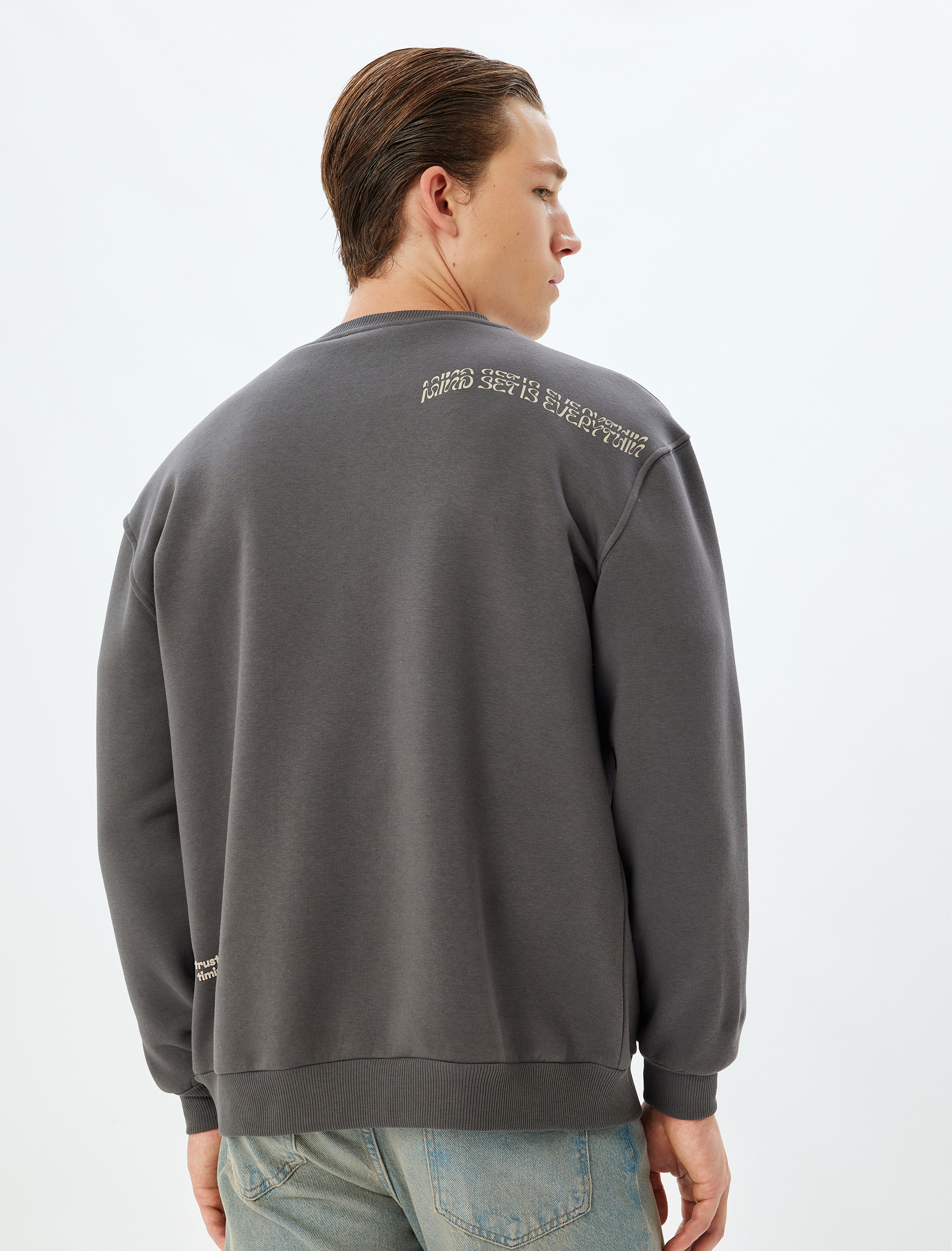Oversize Sweatshirt Slogan Baskılı Bisiklet Yaka Pamuk Karışımlı Şardonlu