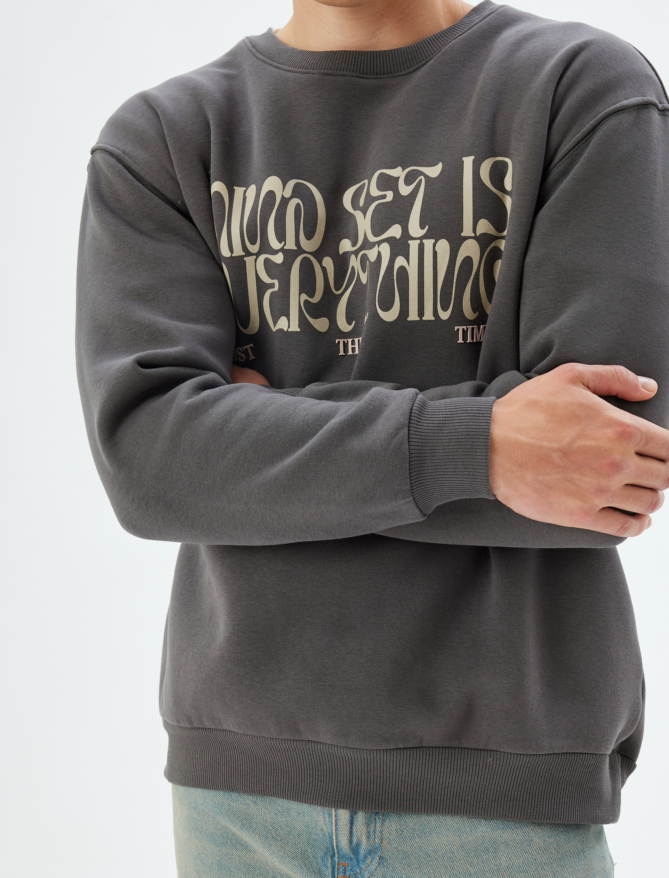 Oversize Sweatshirt Slogan Baskılı Bisiklet Yaka Pamuk Karışımlı Şardonlu