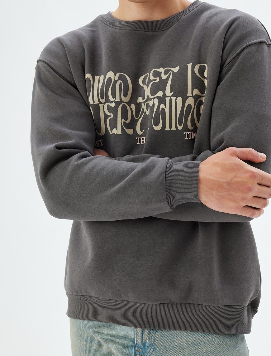   Oversize Sweatshirt Slogan Baskılı Bisiklet Yaka Pamuk Karışımlı