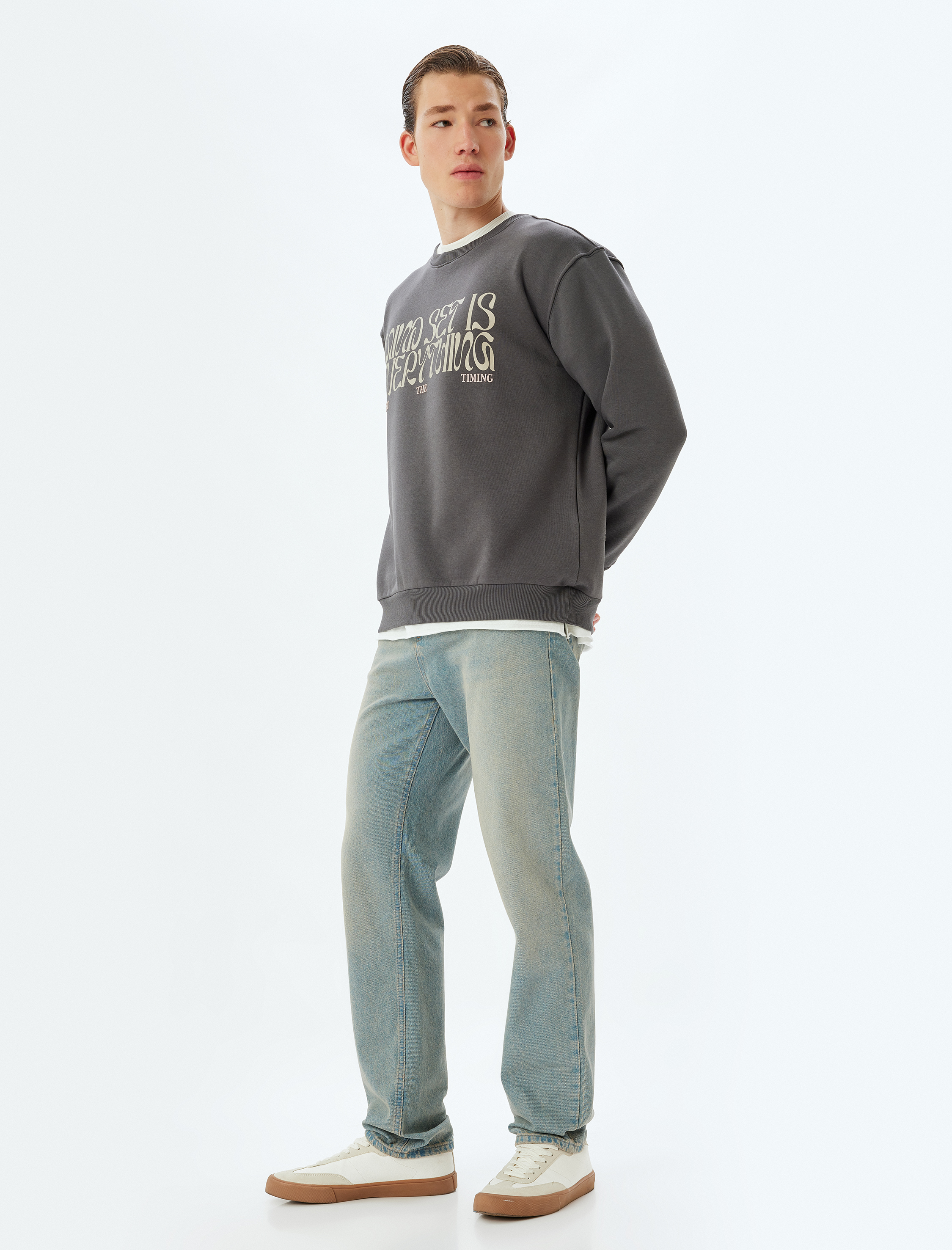 Oversize Sweatshirt Slogan Baskılı Bisiklet Yaka Pamuk Karışımlı Şardonlu