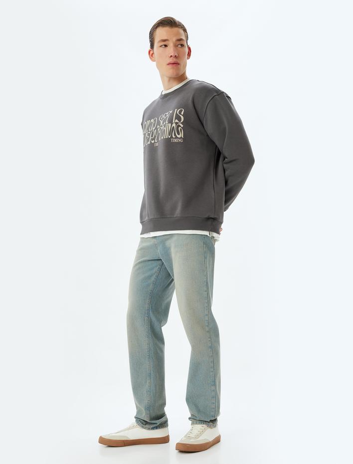  Oversize Sweatshirt Slogan Baskılı Bisiklet Yaka Pamuk Karışımlı Şardonlu