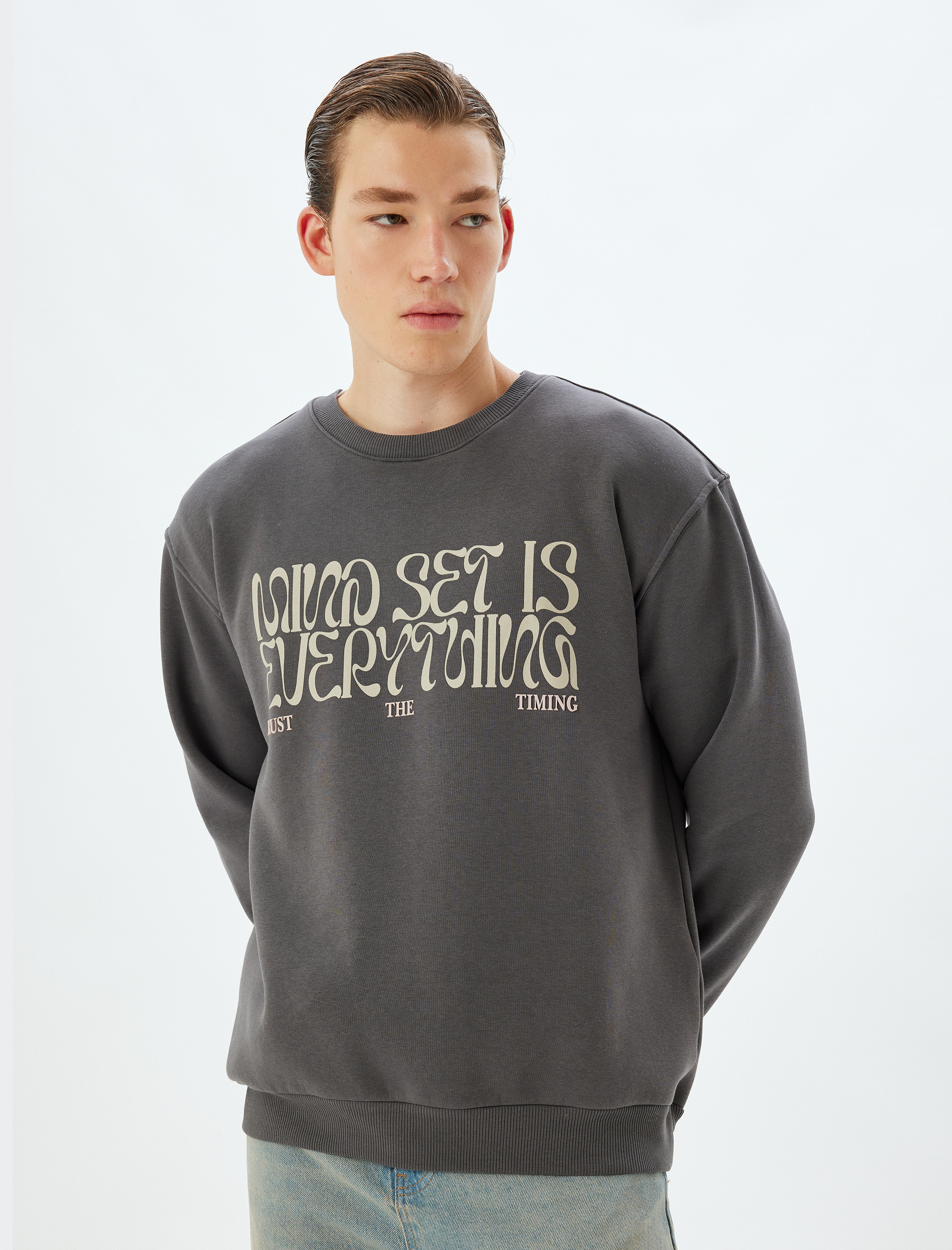 Oversize Sweatshirt Slogan Baskılı Bisiklet Yaka Pamuk Karışımlı Şardonlu