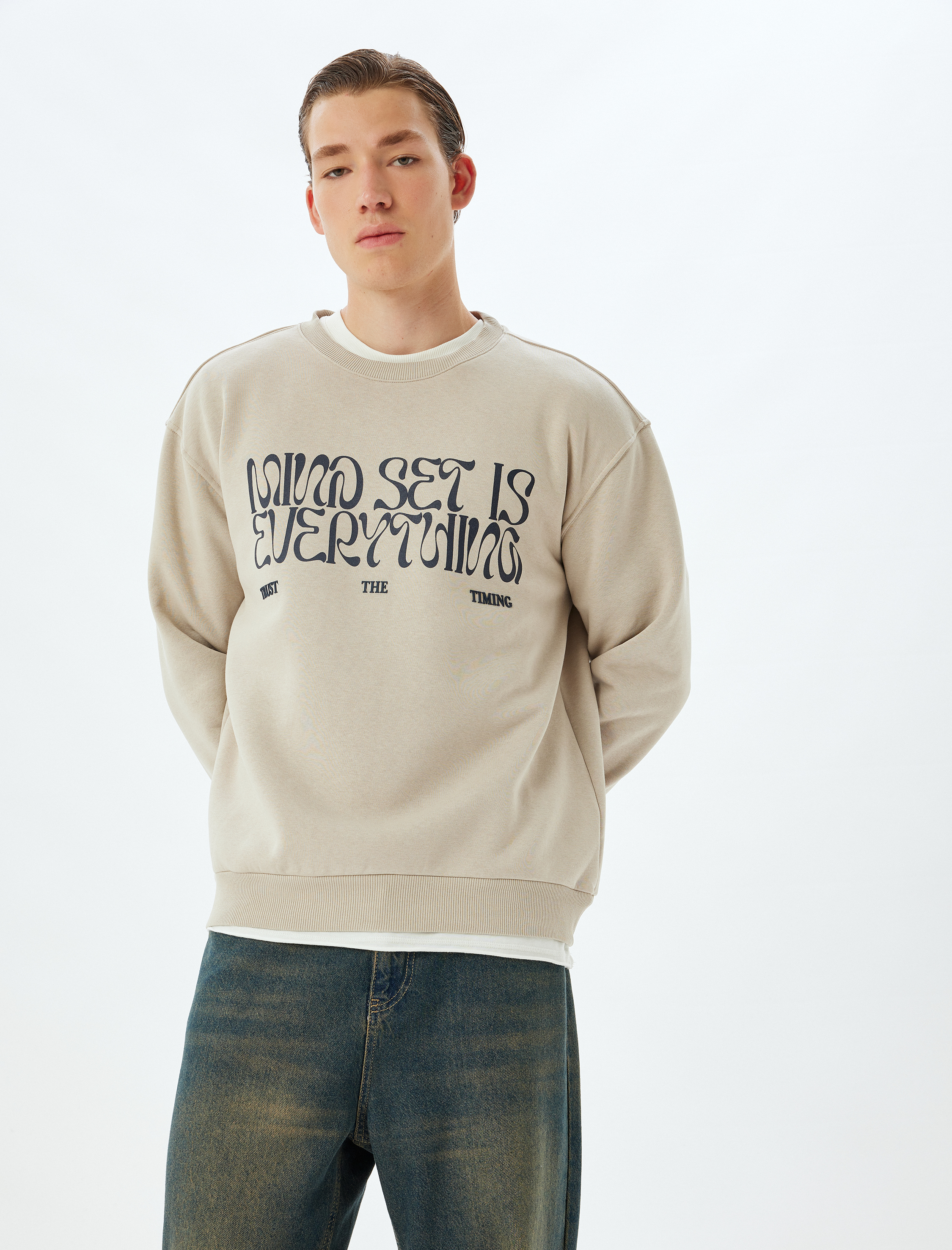 Oversize Sweatshirt Slogan Baskılı Bisiklet Yaka Pamuk Karışımlı Şardonlu