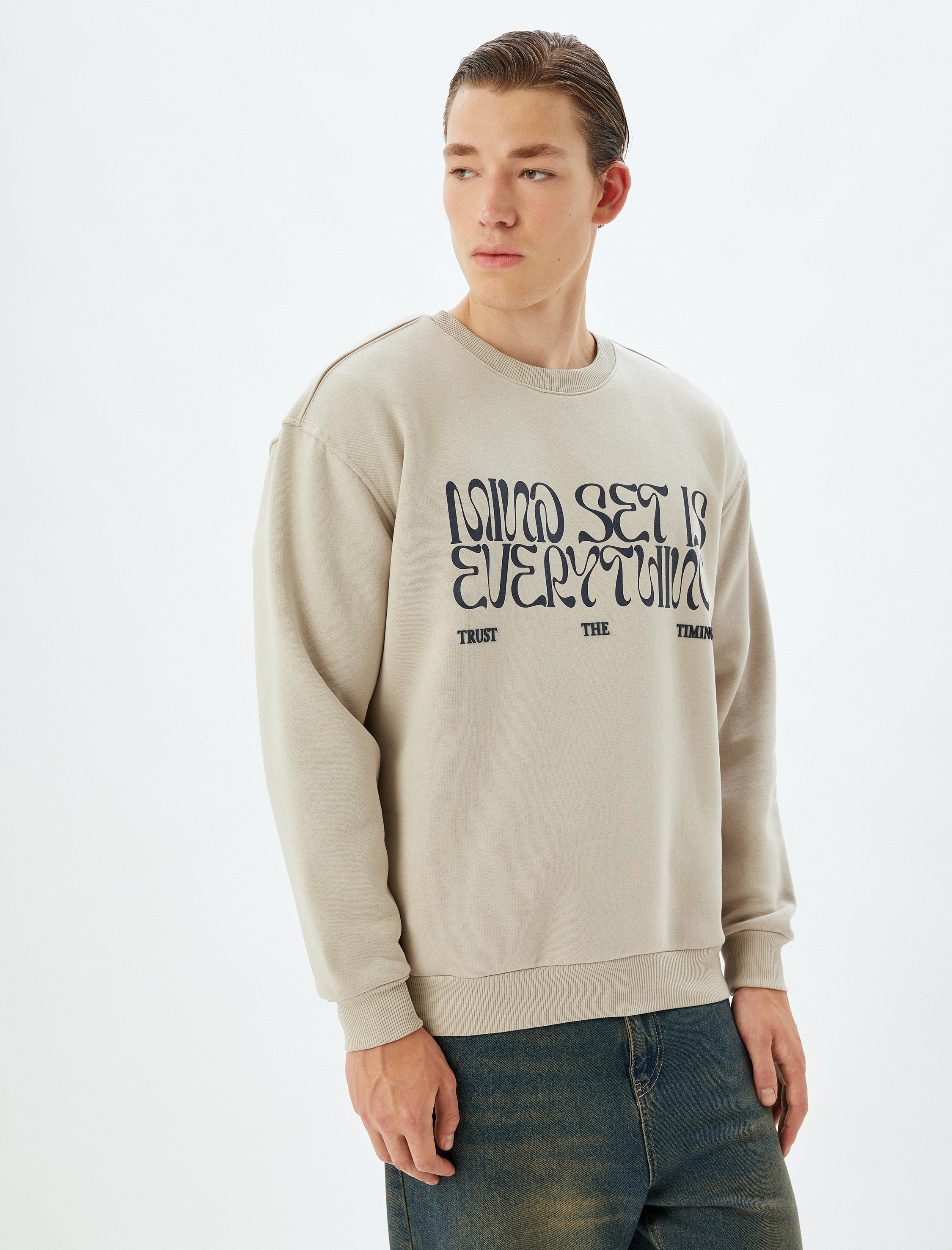 Oversize Sweatshirt Slogan Baskılı Bisiklet Yaka Pamuk Karışımlı Şardonlu
