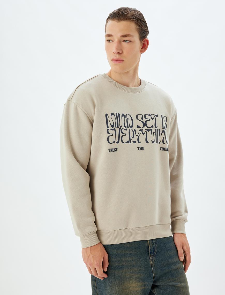   Oversize Sweatshirt Slogan Baskılı Bisiklet Yaka Pamuk Karışımlı