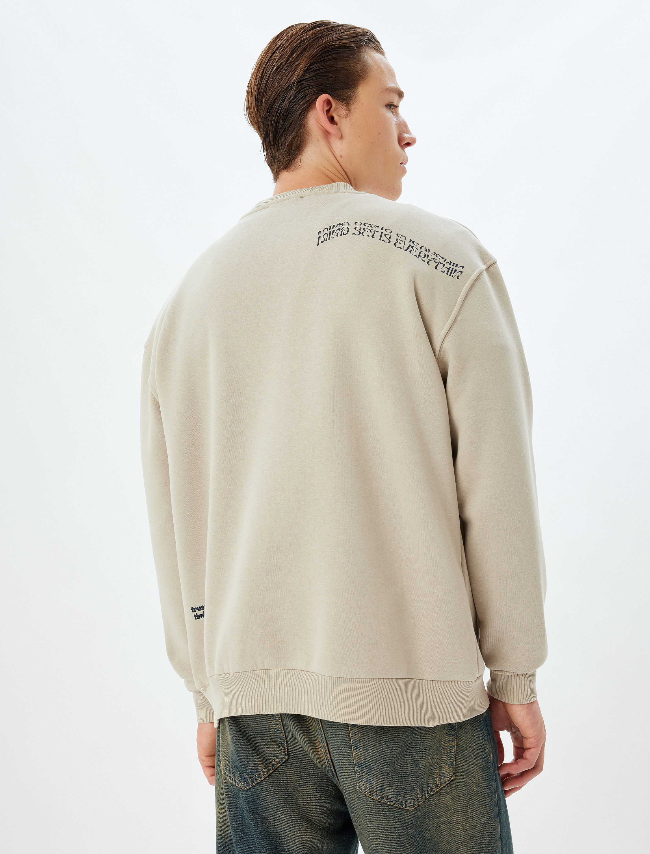 Oversize Sweatshirt Slogan Baskılı Bisiklet Yaka Pamuk Karışımlı Şardonlu