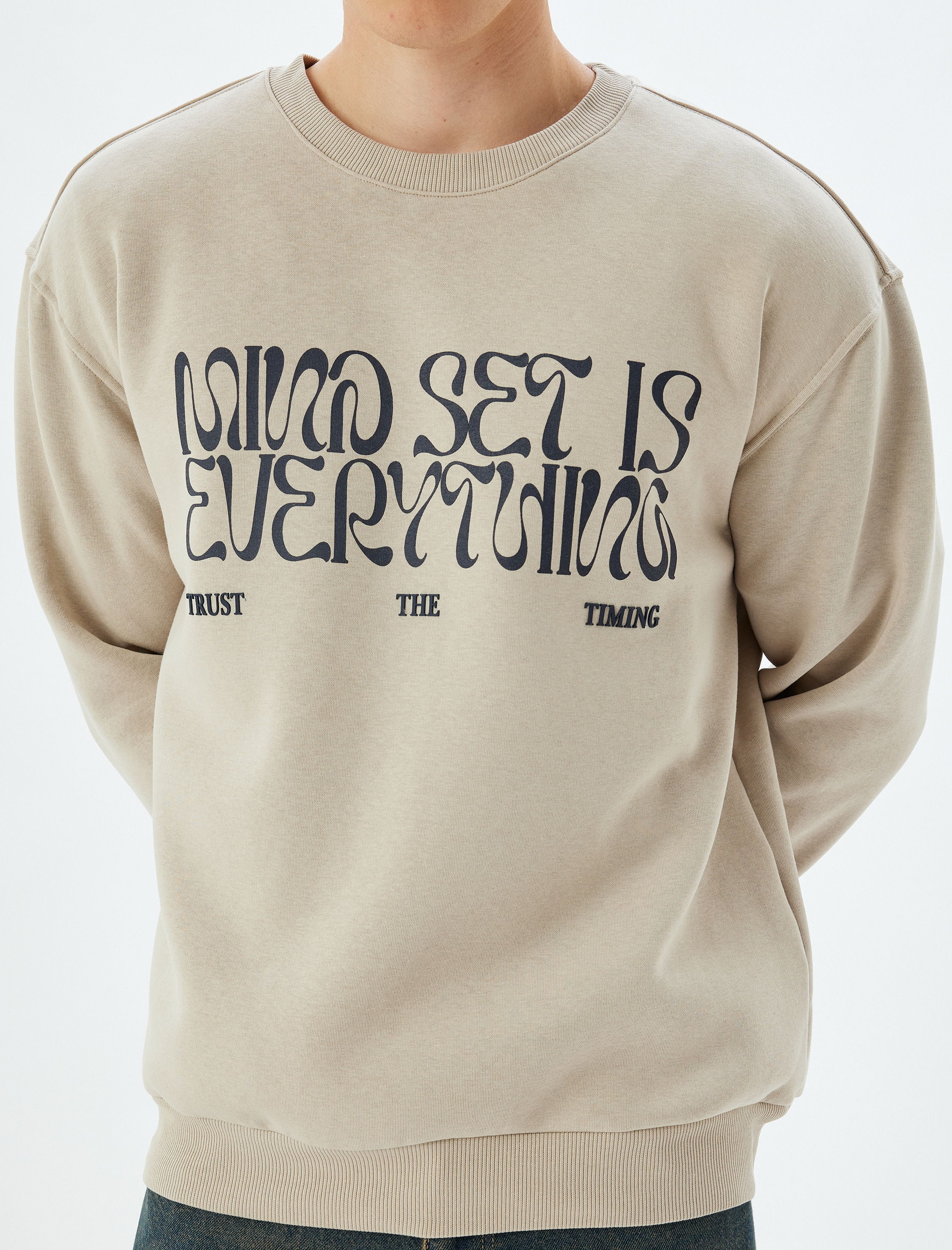 Oversize Sweatshirt Slogan Baskılı Bisiklet Yaka Pamuk Karışımlı Şardonlu