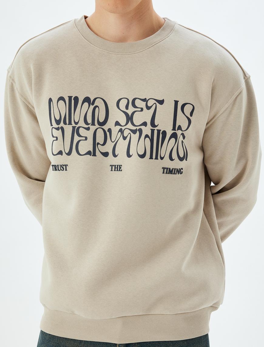   Oversize Sweatshirt Slogan Baskılı Bisiklet Yaka Pamuk Karışımlı