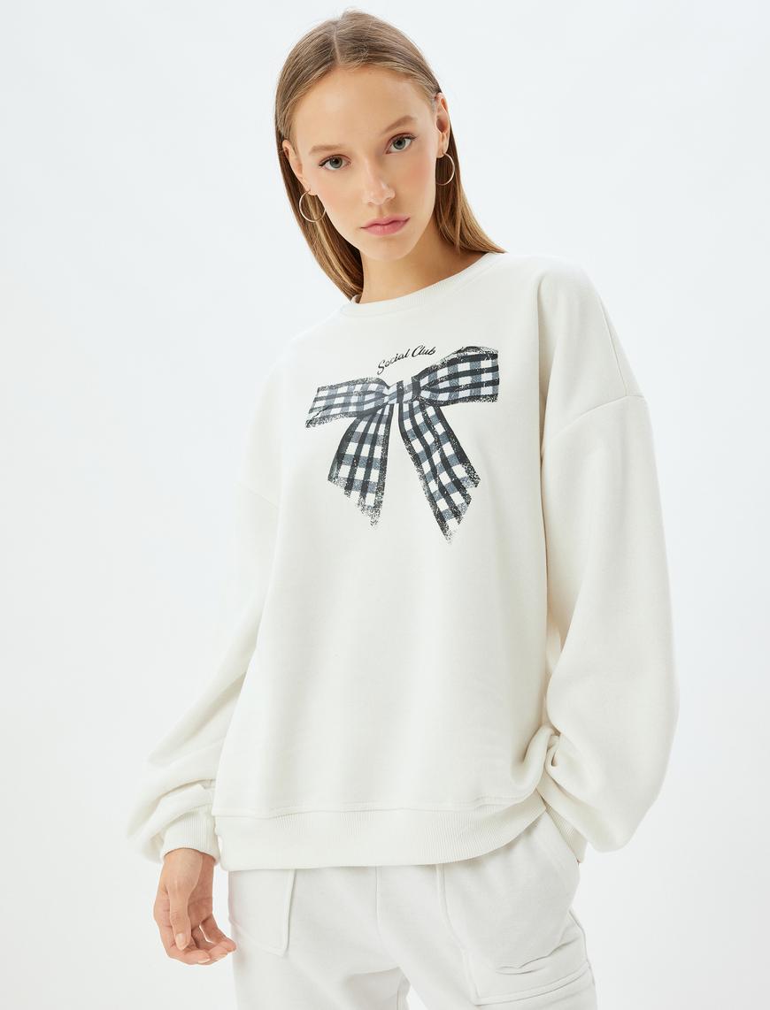   Oversize Sweatshirt Fiyonk Baskılı Bisiklet Yaka Sloganlı Şardonlu